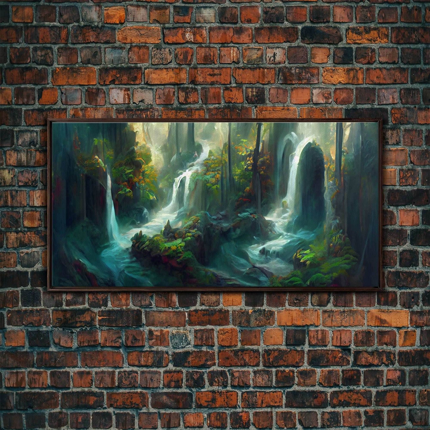 Waterfall wall art, canvas print, giclee, fantasy wall art, water color, nature wall decor, water landscape art, serenity art - 10x20 Inches / Walnut Frame
