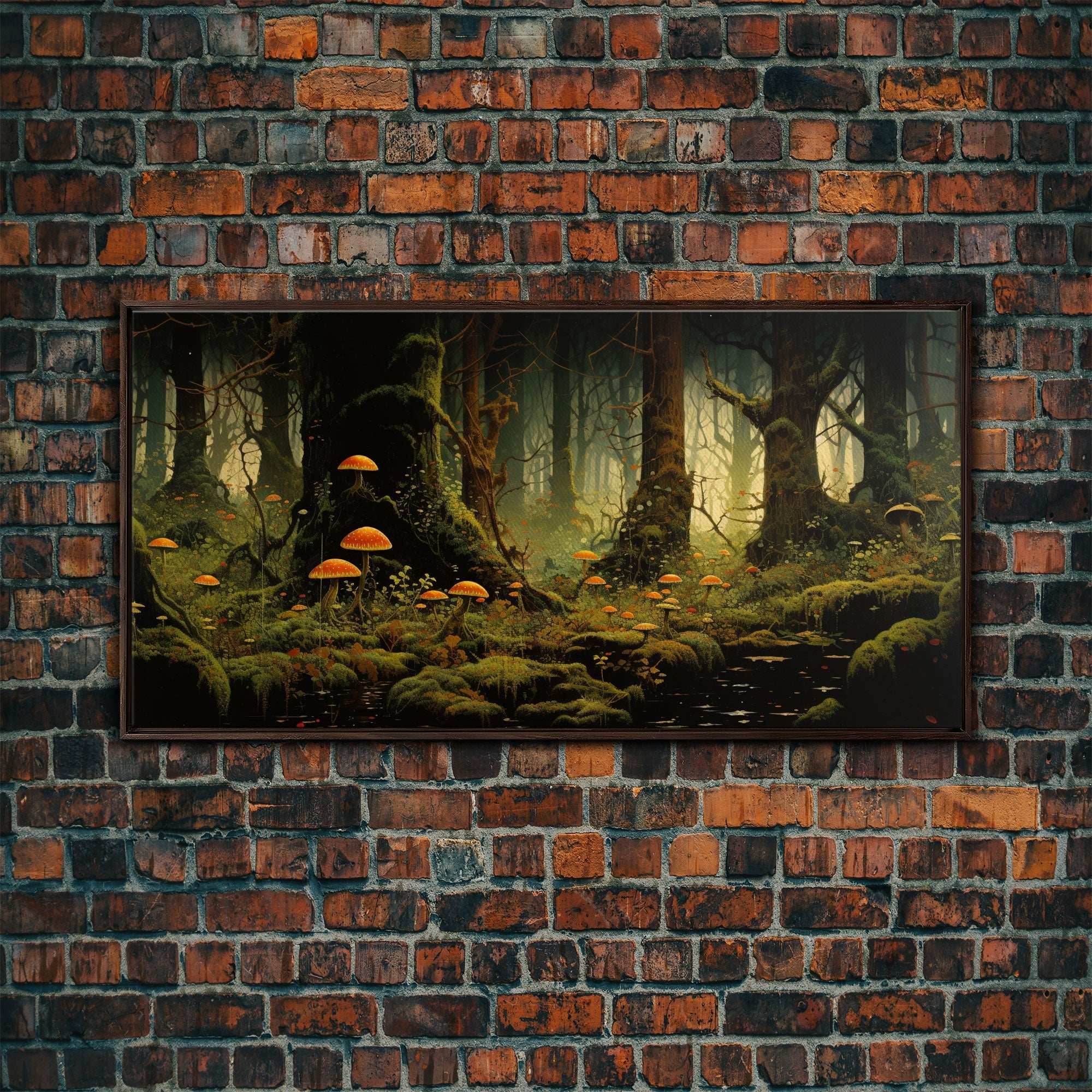 Mushroom Wall Art, Fantasy Forest, Tree Art, Enchanted Forest, Panoramic Art, Wall Art, Canvas Art, Landscape Art, Game Room Decor, Prints - 10x20 Inches / Walnut Frame