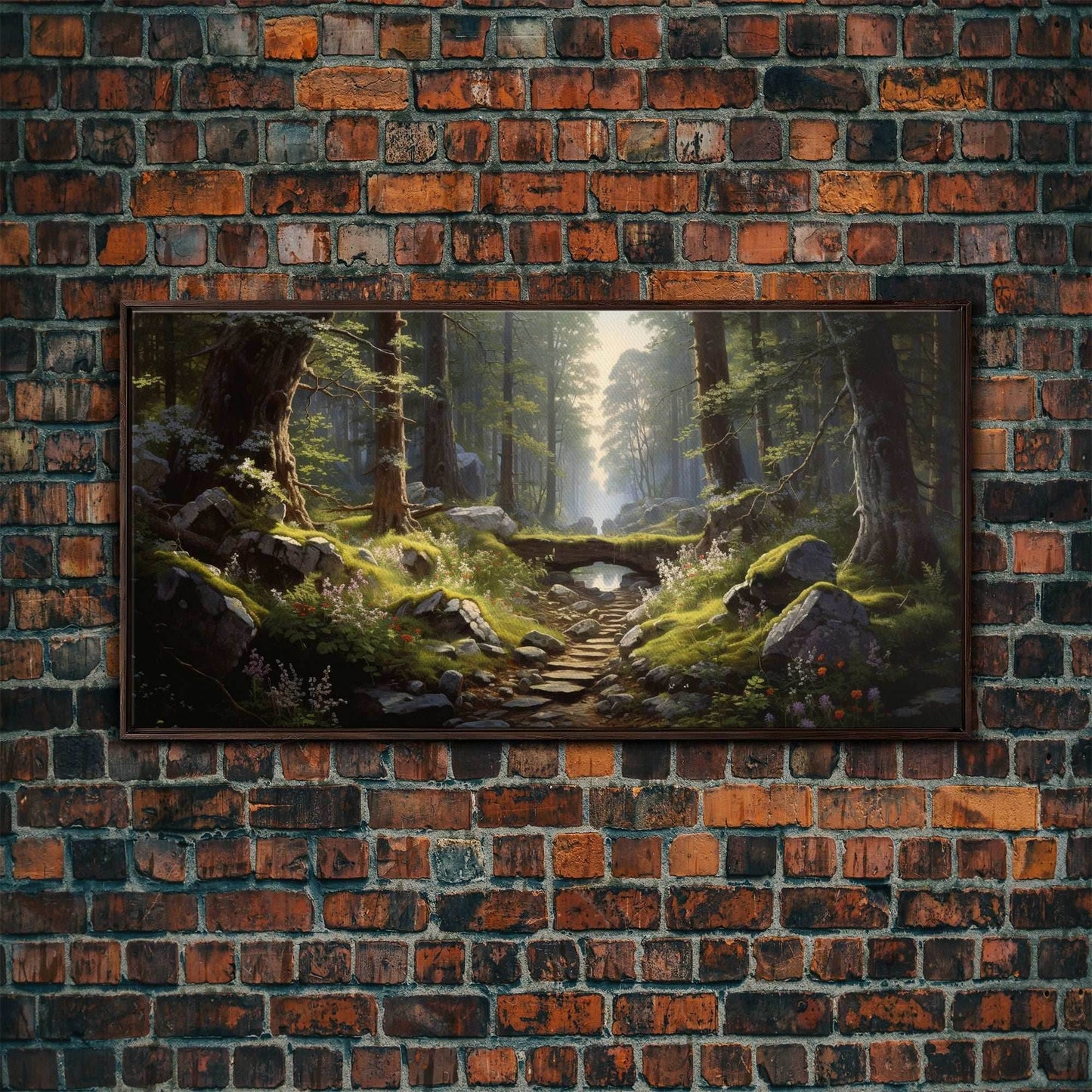 SlightlyScorched Framed Canvas Print Emerald Green Fantasy Forest, Mountain Forest Lake Landscape Minimalist Modern Art Nature Wall Decor - 10x20 Inches / Walnut Frame