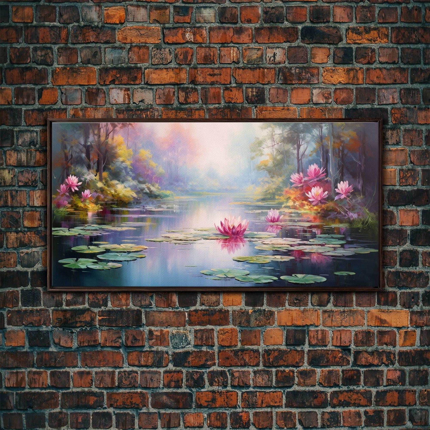 Pond Art, Lake Wall Print, Fantasy Wall Art, Water Lilies Wall Art, Panoramic Art, Wall Art, Canvas Art, Landscape Art, Friendship Gift - 10x20 Inches / Walnut Frame