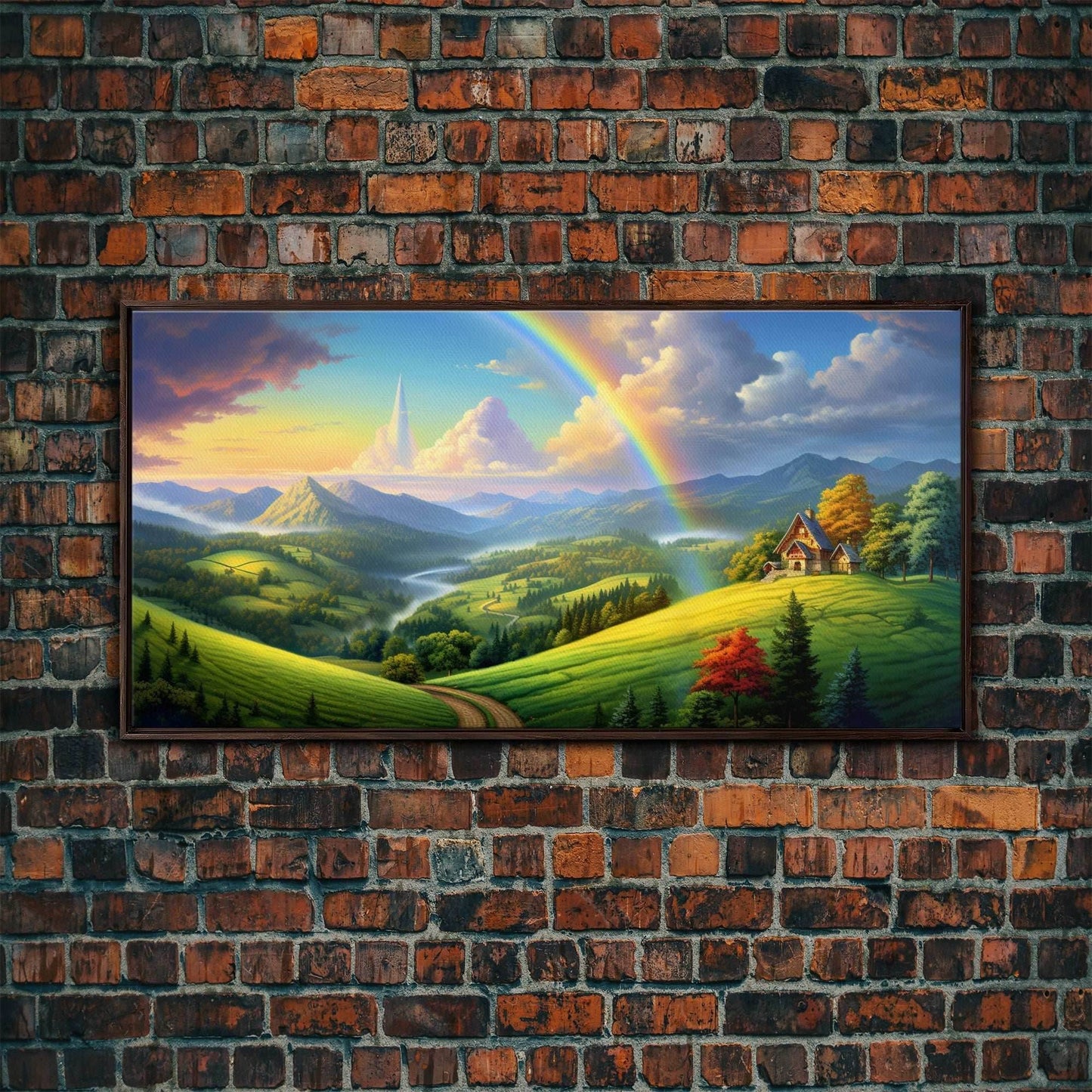Rainbow Wall Decor, Fantasy Art, Mountains Wall Art, Panoramic Art, Wall Art, Canvas Art, Landscape Art, Appreciation Gift, College Dorm Art - 10x20 Inches / Walnut Frame