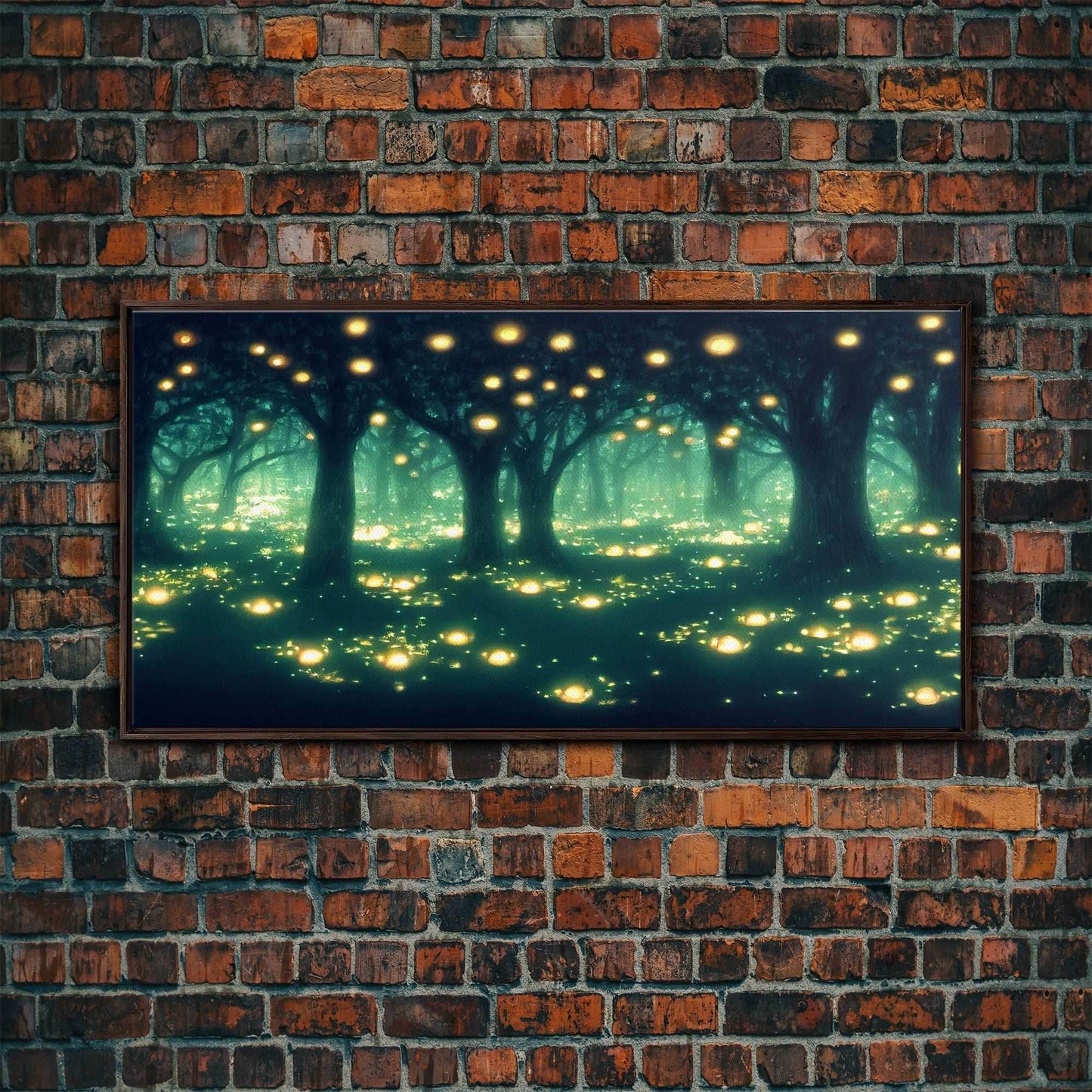 Fireflies At Night In A Fantasy Forest, Framed Ready To Hang Canvas Print, beautiful wall art, guest room decor - 10x20 Inches / Walnut Frame