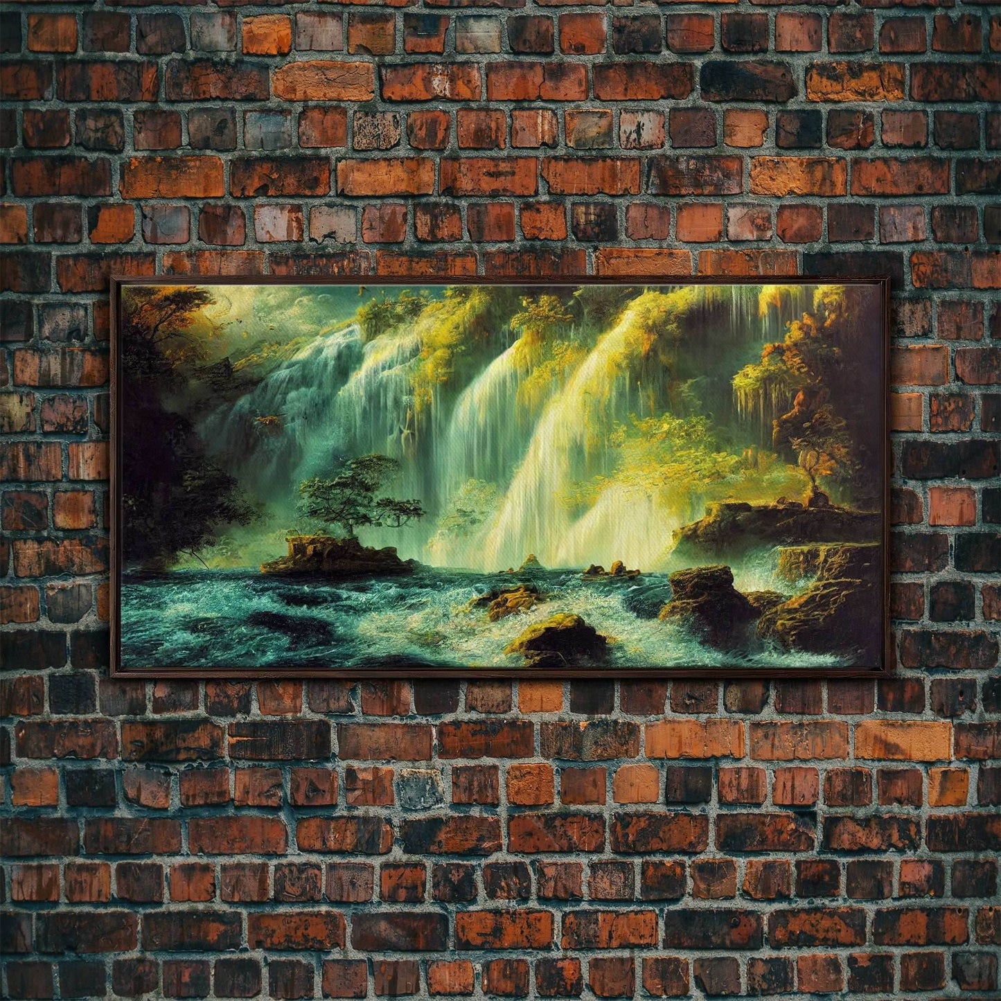 High Fantasy Wall Art, Secret Waterfall, ready to hang canvas print, framed art - 10x20 Inches / Walnut Frame