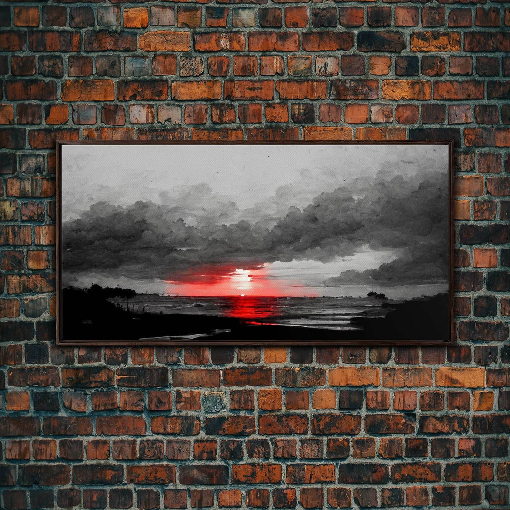 Creepy Blood moon canvas print, dark fantasy art, black and white art, Halloween, spooky art, horror landscape art - 10x20 Inches / Walnut Frame