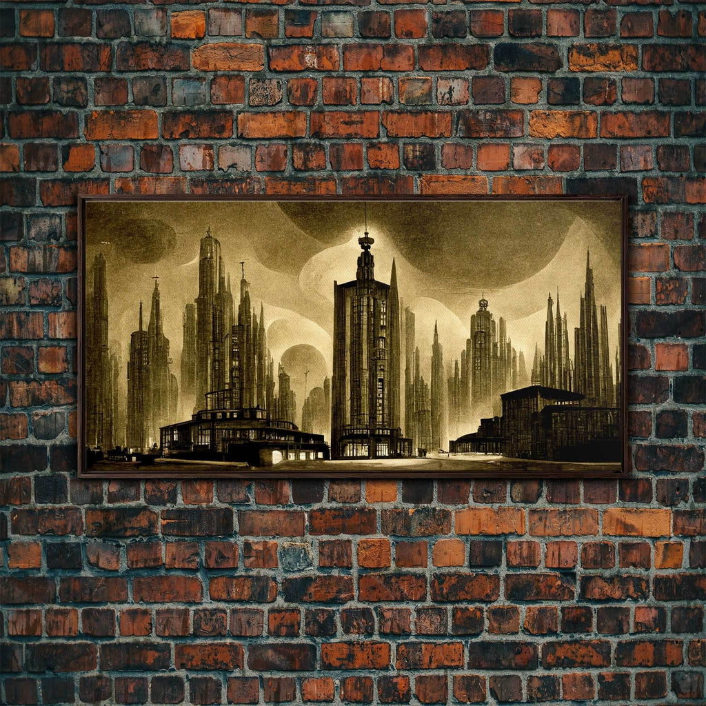 Dystopian Metropolis Art Deco Canvas Print, City Skyline, Fantasy Art, Art Deco Living Room Art, ready to hang wall art - 10x20 Inches / Walnut Frame