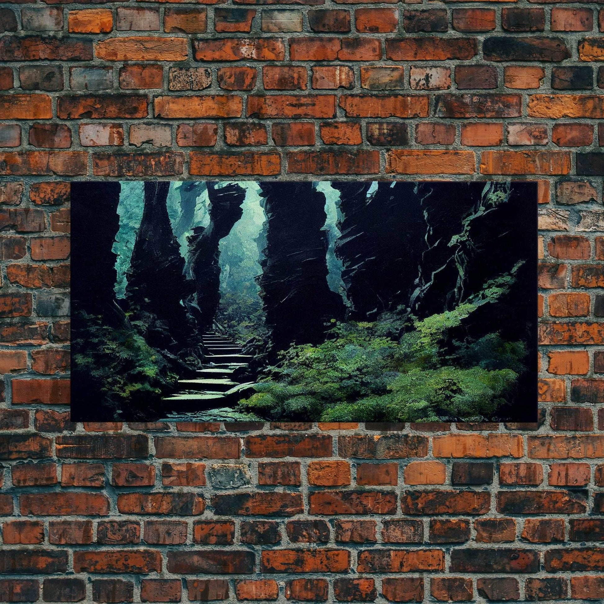 Fantasy Forest with Temple Steps, Wall Decor, Ready To Hang Framed Canvas Print, Oversize Wall Art - 10x20 Inches / Gallery Wrap Canvas - Ready To Hang