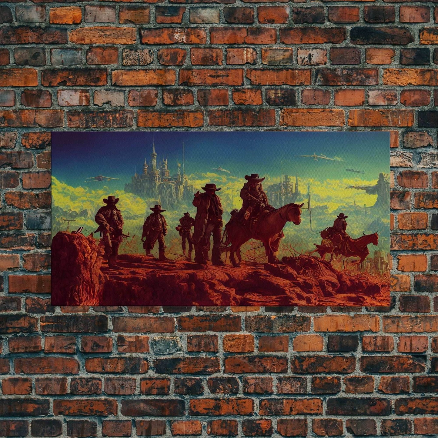 Space Cowboys, Wildwest Scifi Mashup Fantasy Art, framed canvas print, ready to hang framed wall art - 10x20 Inches / Gallery Wrap Canvas - Ready To Hang