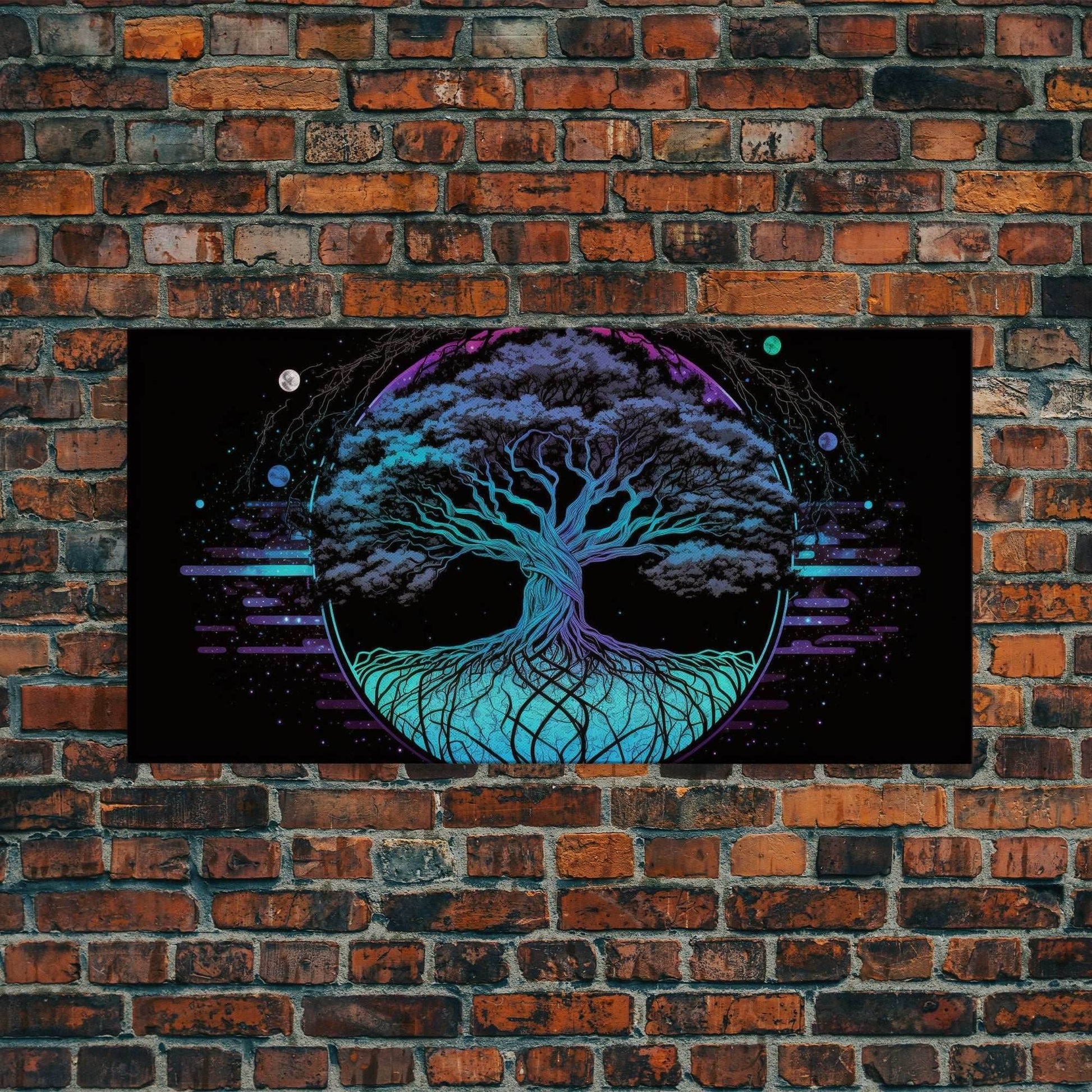 Norse Mythology Art, Synthwave Style Yggdrasil Tree of Life and the 9 Realms, Fantasy Art, Framed Canvas Print, Game Room Nordic Art - 10x20 Inches / Gallery Wrap Canvas - Ready To Hang