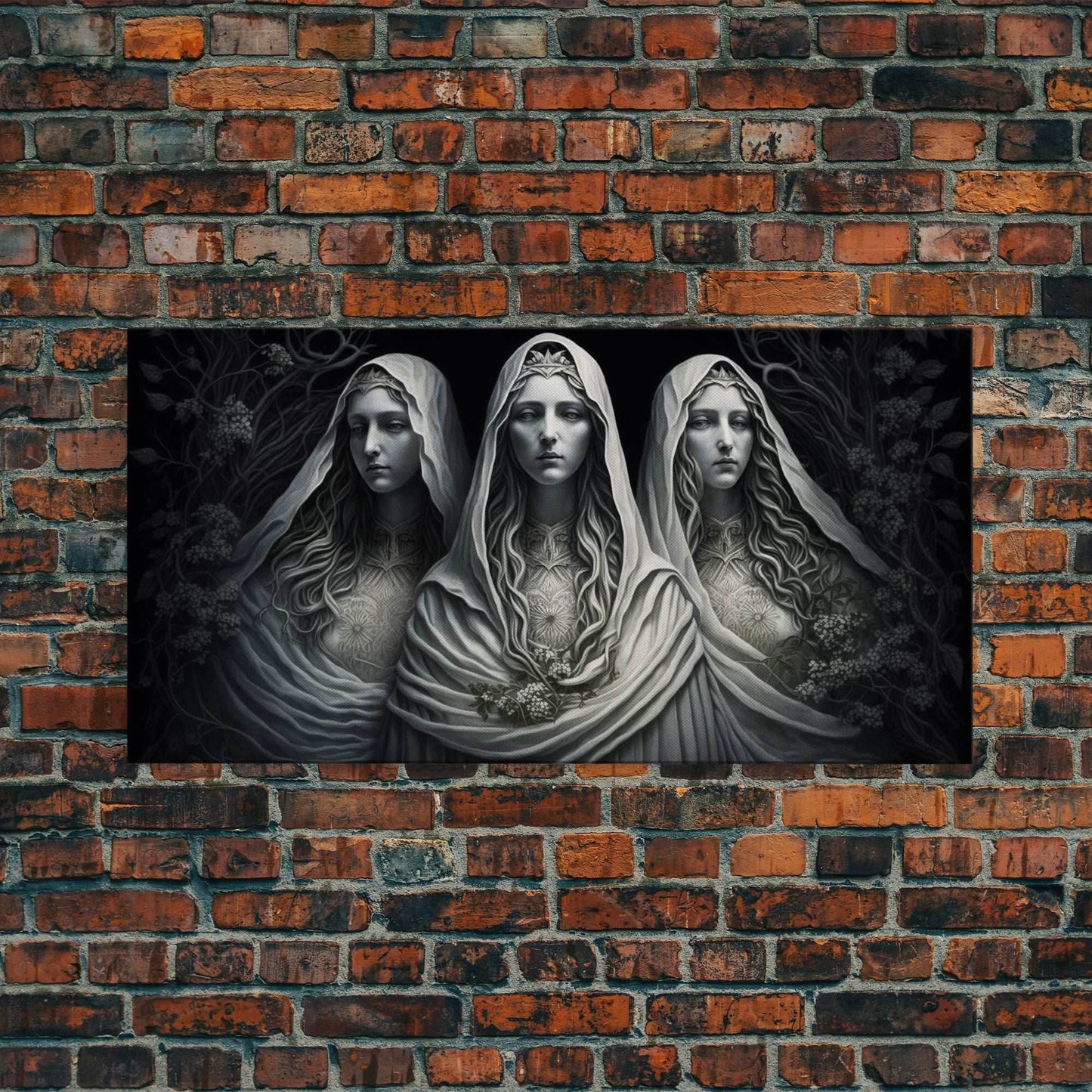 The Norns, Norse Mythology, Weavers of Fate, Framed Canvas Print, Urðr, Verðandi, and Skuld, Black and White Norse Fantasy Art - 10x20 Inches / Gallery Wrap Canvas - Ready To Hang