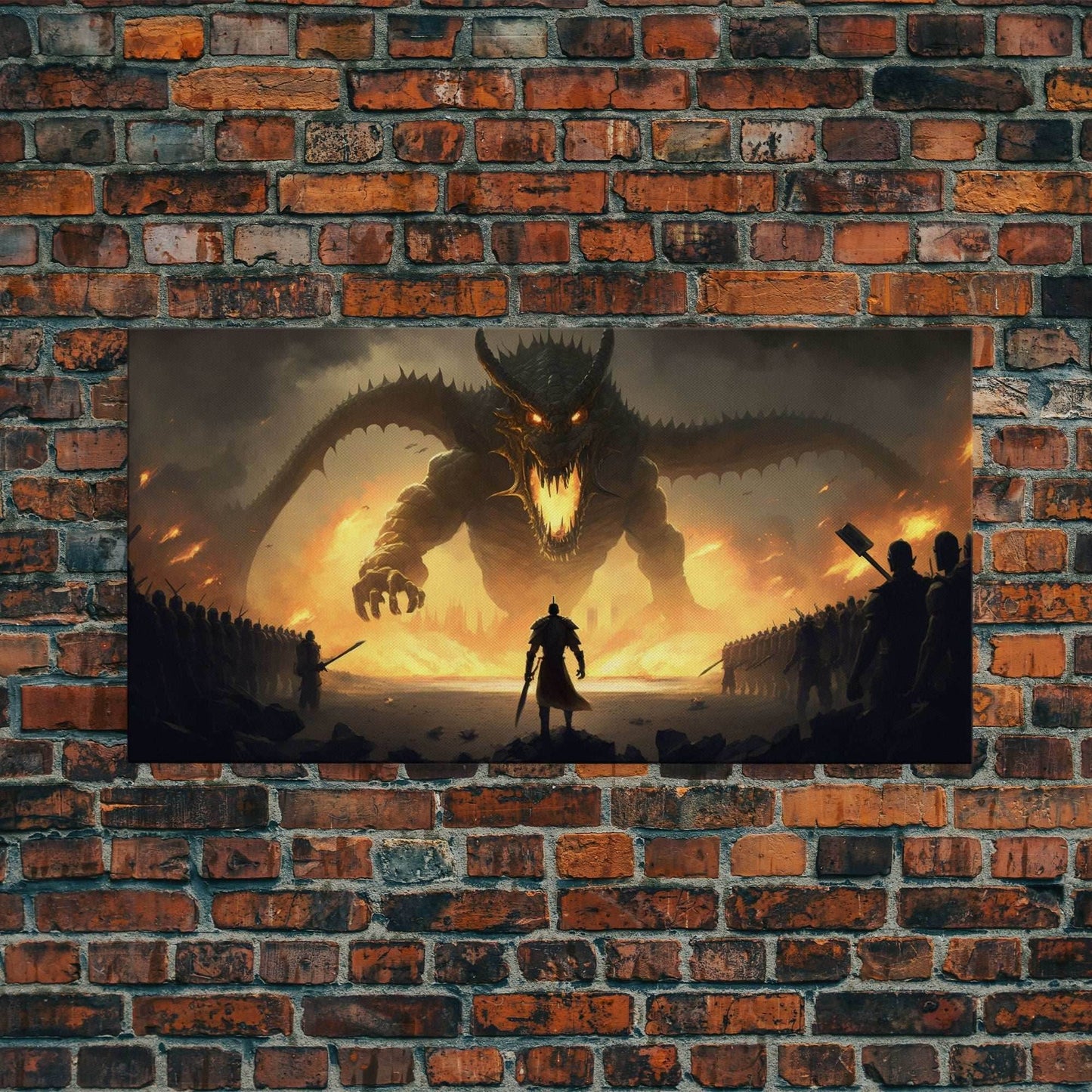 Warrior Facing Down a Dragon, Framed Canvas Print, Unique Fantasy Wall Art, In The Time of Dragons - 10x20 Inches / Gallery Wrap Canvas - Ready To Hang