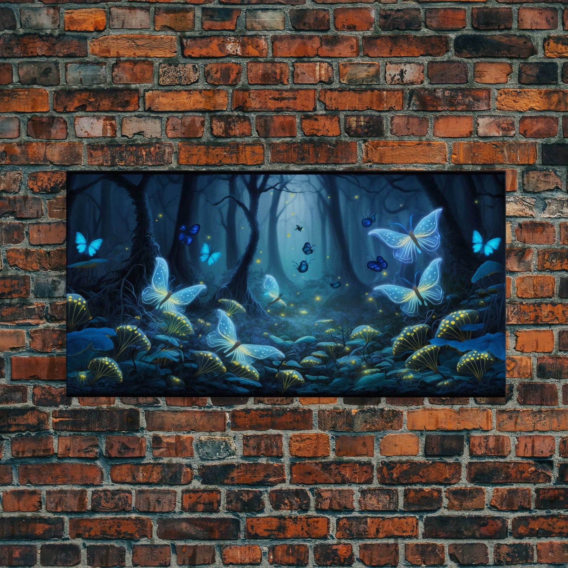 Magical Enchanted Fairy Forest, Fantasy Art, Framed Canvas Print, Bioluminescent Butterflies in an Enchanted Forest, Glowing Art - 10x20 Inches / Gallery Wrap Canvas - Ready To Hang