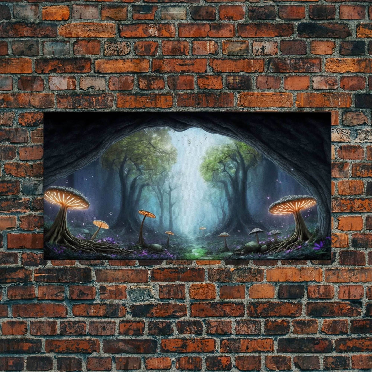 Magical Enchanted Mushroom Forest, Fantasy Art, Framed Canvas Print, Bioluminescent Butterflies in an Enchanted Forest, Glowing Art - 10x20 Inches / Gallery Wrap Canvas - Ready To Hang