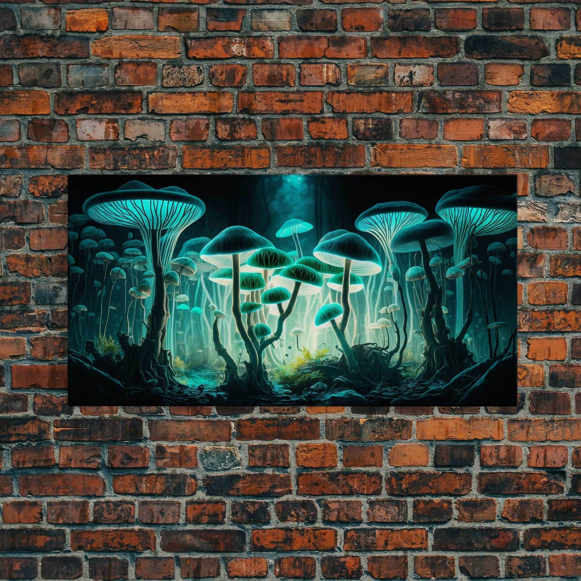 The Forest Floor, Framed Canvas Print, Glowing Mushrooms, Bioluminescent Mushroom Art, Color fantasy wall art - 10x20 Inches / Gallery Wrap Canvas - Ready To Hang