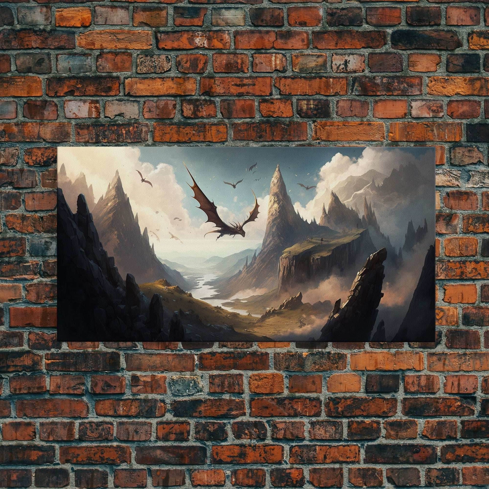 Dragons in Flight Over a Valley, Fantasy Art, Framed Canvas Print, Medieval Fantasy Art, Fire breathing dragons - 10x20 Inches / Gallery Wrap Canvas - Ready To Hang