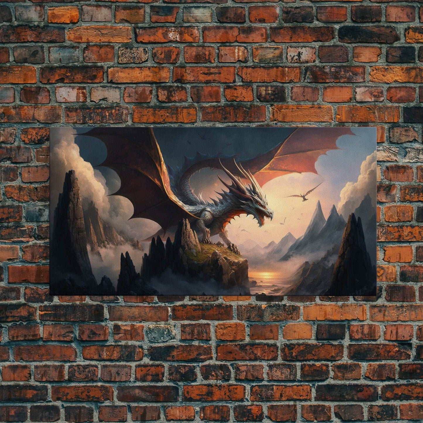 White Dragon on a Mountain Top, Fantasy Art, Framed Canvas Print, Medieval Fantasy Art, Fire breathing dragons - 10x20 Inches / Gallery Wrap Canvas - Ready To Hang