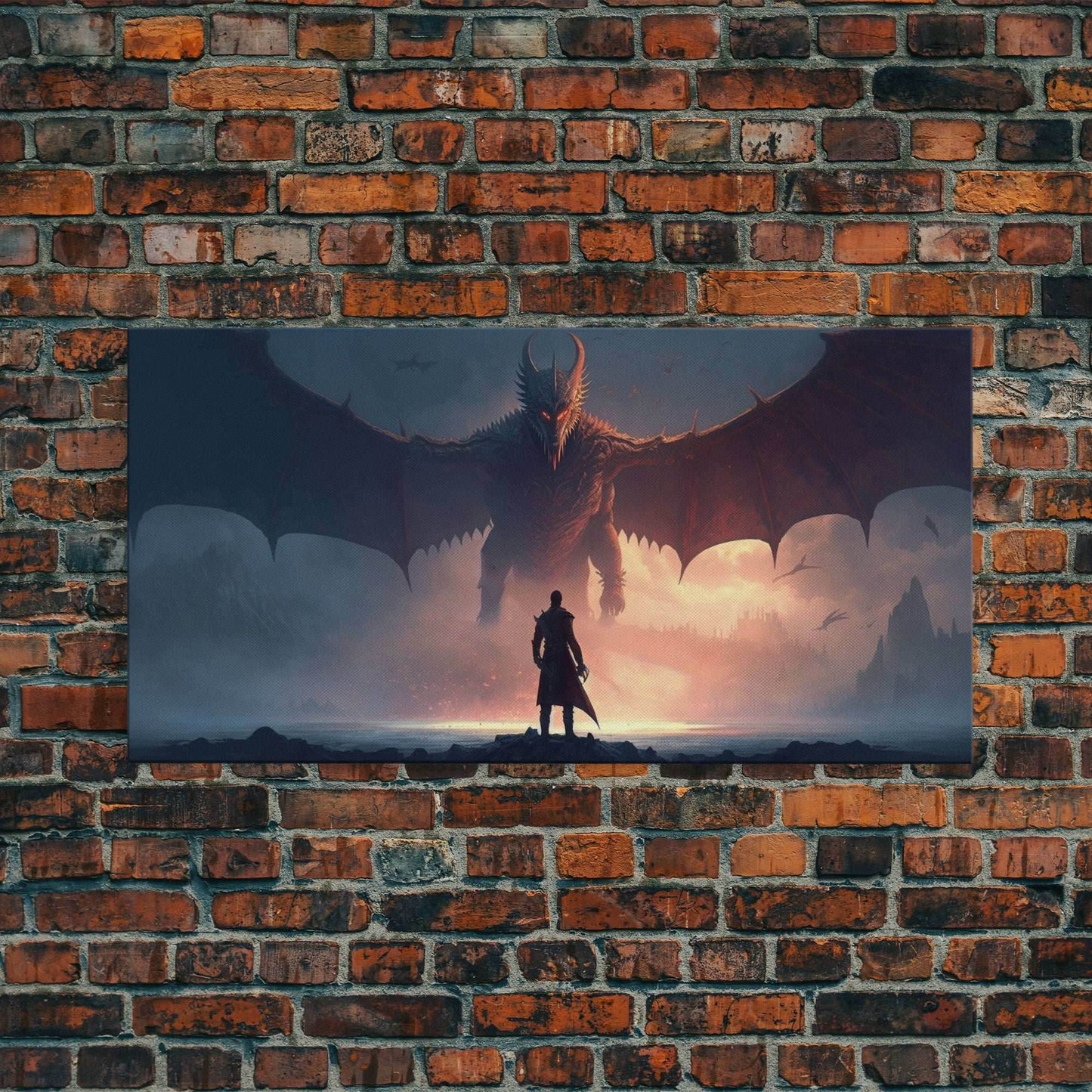 Warrior Facing Down a Dragon, Framed Canvas Print, Unique Fantasy Wall Art, In The Time of Dragons - 10x20 Inches / Gallery Wrap Canvas - Ready To Hang