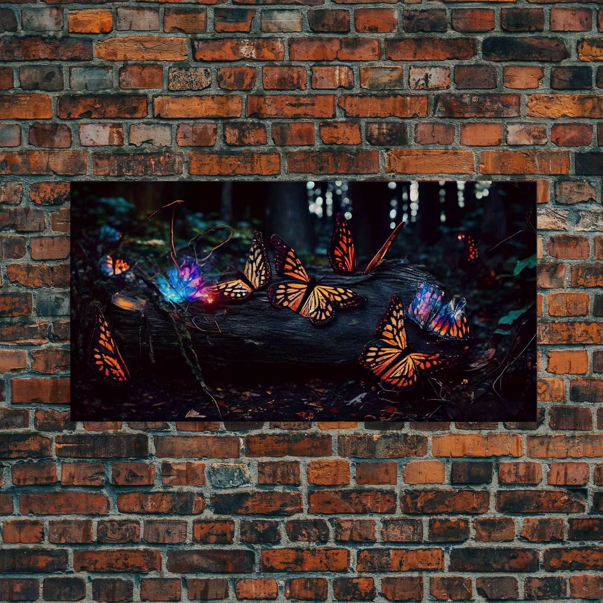 Glowing butterflies, fantasy forest wall art, framed canvas print, mother's day, mom gift, monarch butterflies - 10x20 Inches / Gallery Wrap Canvas - Ready To Hang