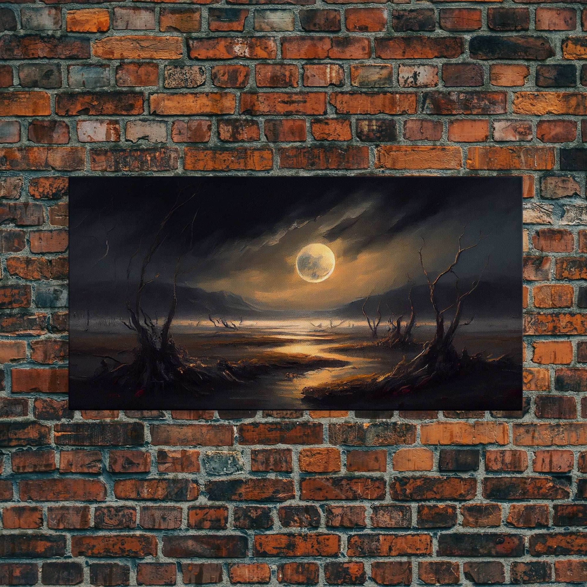 Midnight In The Swamp, Framed Canvas Print, Fantasy Art Canvas, Wall Art, Game Room Art, Full moon - 10x20 Inches / Gallery Wrap Canvas - Ready To Hang