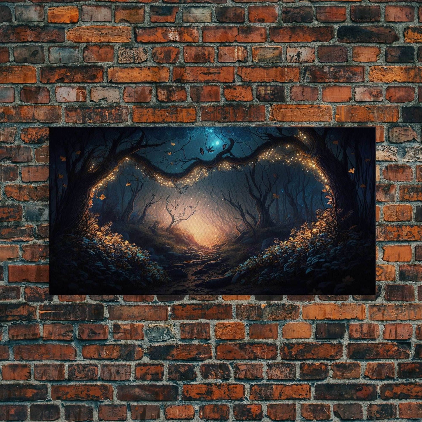 Wreath of Fireflies, Beautiful Fantasy Art, Framed Canvas Print, Moonlit Forest Floor Fantasy Concept Art - 10x20 Inches / Gallery Wrap Canvas - Ready To Hang