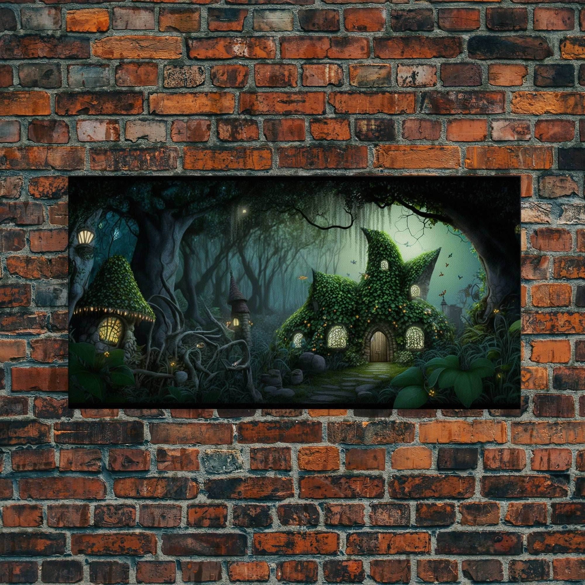 Gnome City, Wall Art, Fantasy Canvas Print, Framed Art, Tiny Gnome Houses On The Forest Floor - 10x20 Inches / Gallery Wrap Canvas - Ready To Hang
