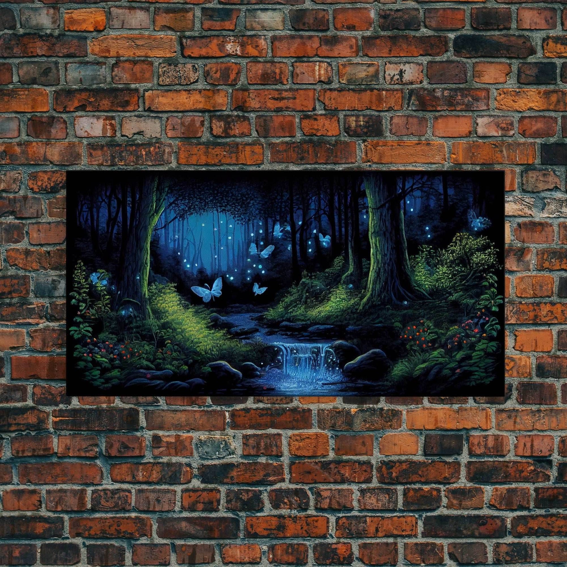 Enchanted Forest Painting, Fantasy Art, Fairy House, Fantasy, Woodland Decor, Woods, Forest, Fairy Forest with Blue Butterflies - 10x20 Inches / Gallery Wrap Canvas - Ready To Hang