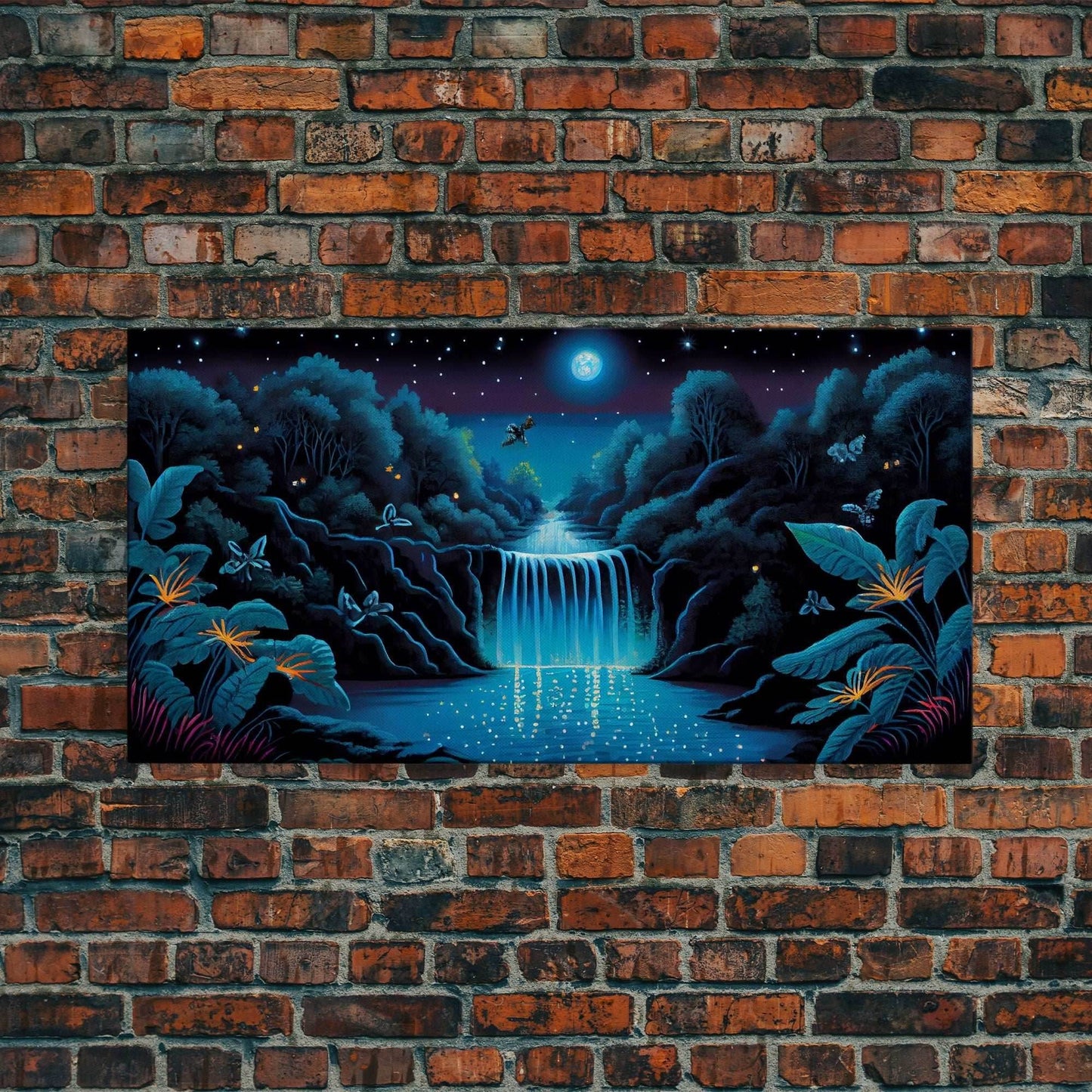 The Secret Waterfall, Enchanted Forest With Painting, Fantasy Art, Fairy House, Fantasy, Woodland Decor, Woods, Forest with Blue Butterflies - 10x20 Inches / Gallery Wrap Canvas - Ready To Hang