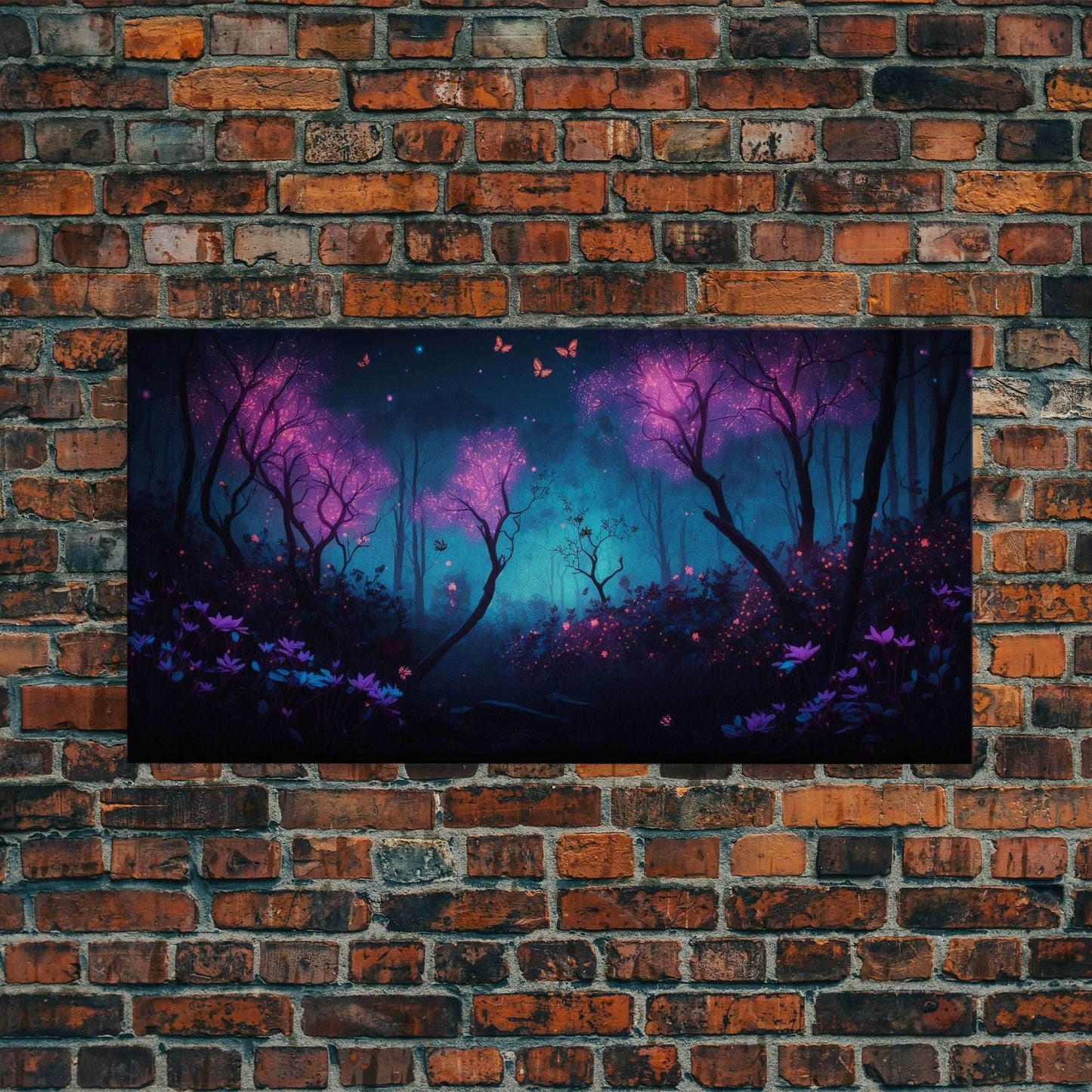 Beautiful forest canvas print Fantasy forest wall art Forest Painting, Framed Art, Glowing Butterflies - 10x20 Inches / Gallery Wrap Canvas - Ready To Hang