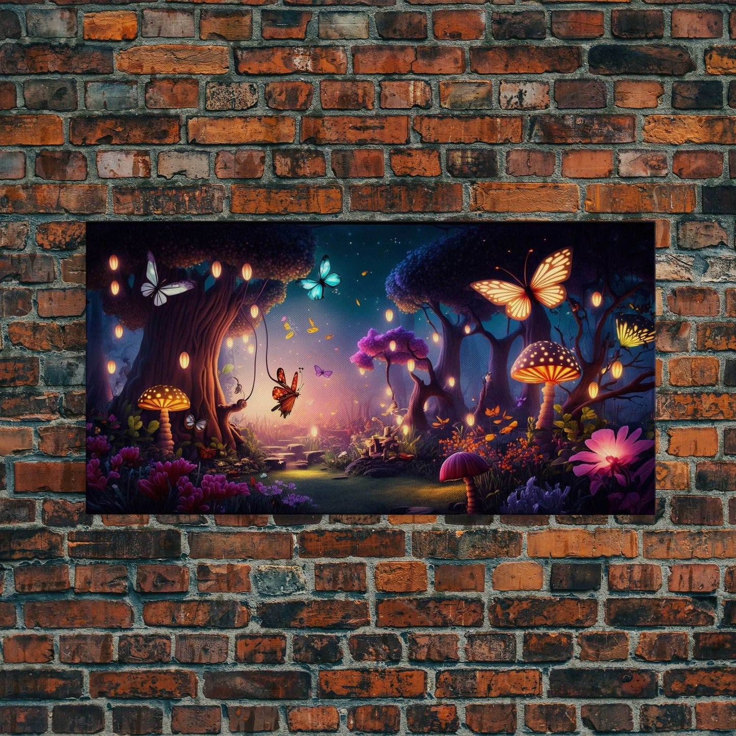 Vibrant Fantasy Forest Wall Art, The Forest Floor, Bioluminescent Glowing Butterflies, Gift, Framed Canvas Print - 10x20 Inches / Gallery Wrap Canvas - Ready To Hang