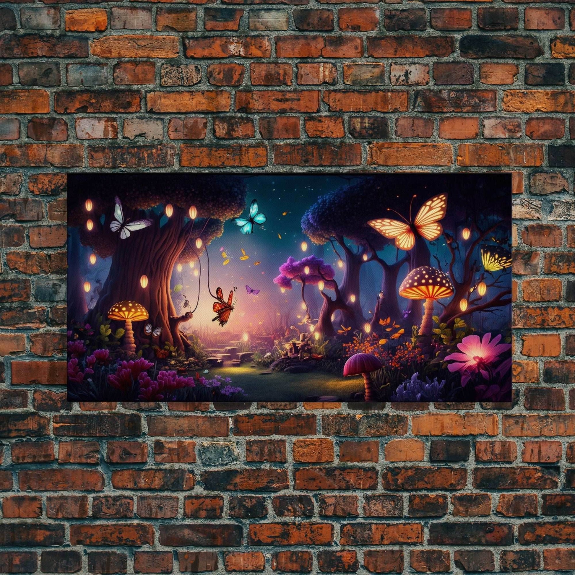 Vibrant Fantasy Forest Wall Art, The Forest Floor, Bioluminescent Glowing Butterflies, Gift, Framed Canvas Print - 10x20 Inches / Gallery Wrap Canvas - Ready To Hang