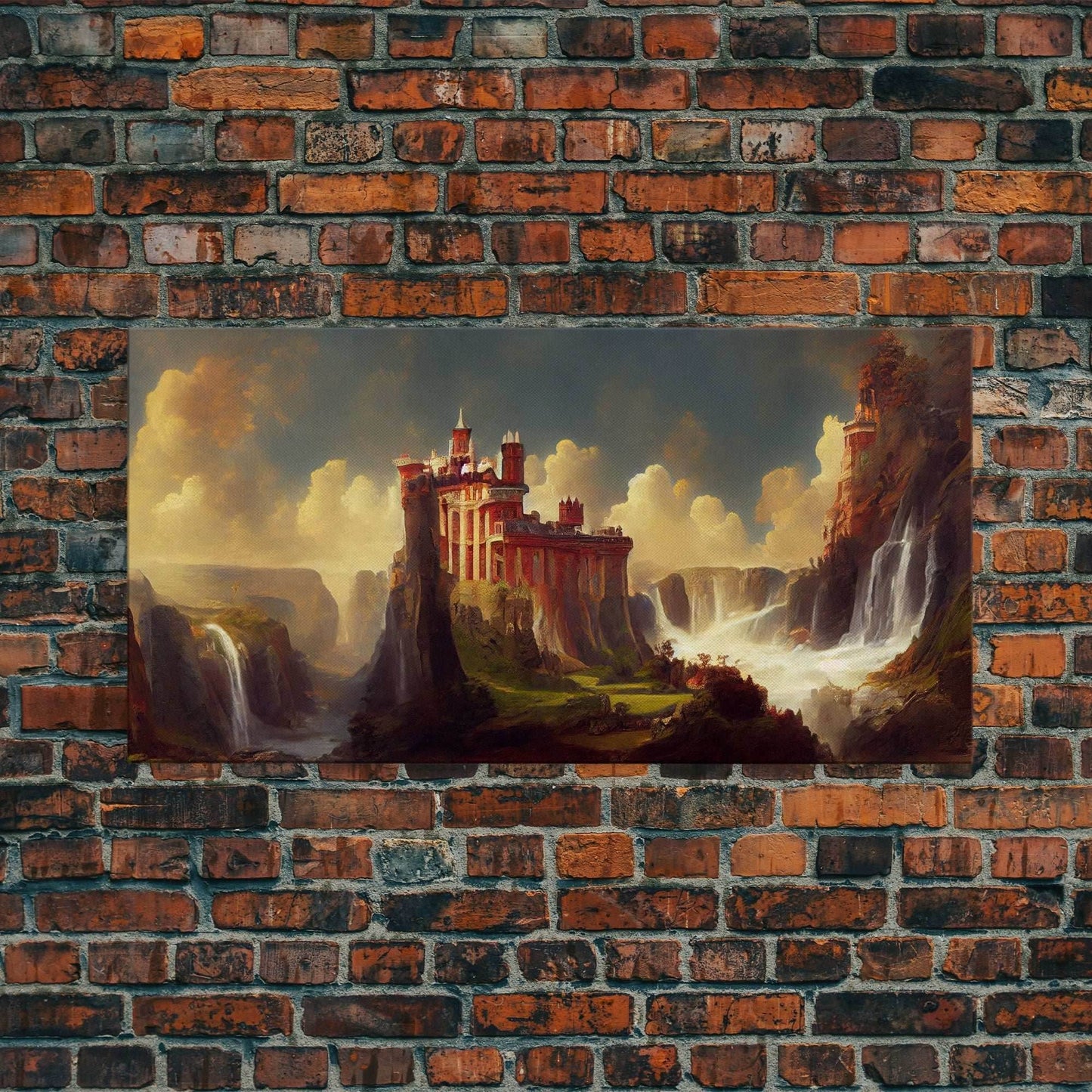 Fantasy wall art, canvas print, castle in the sky, castle atop mountains and waterfalls, watercolor - 10x20 Inches / Gallery Wrap Canvas - Ready To Hang