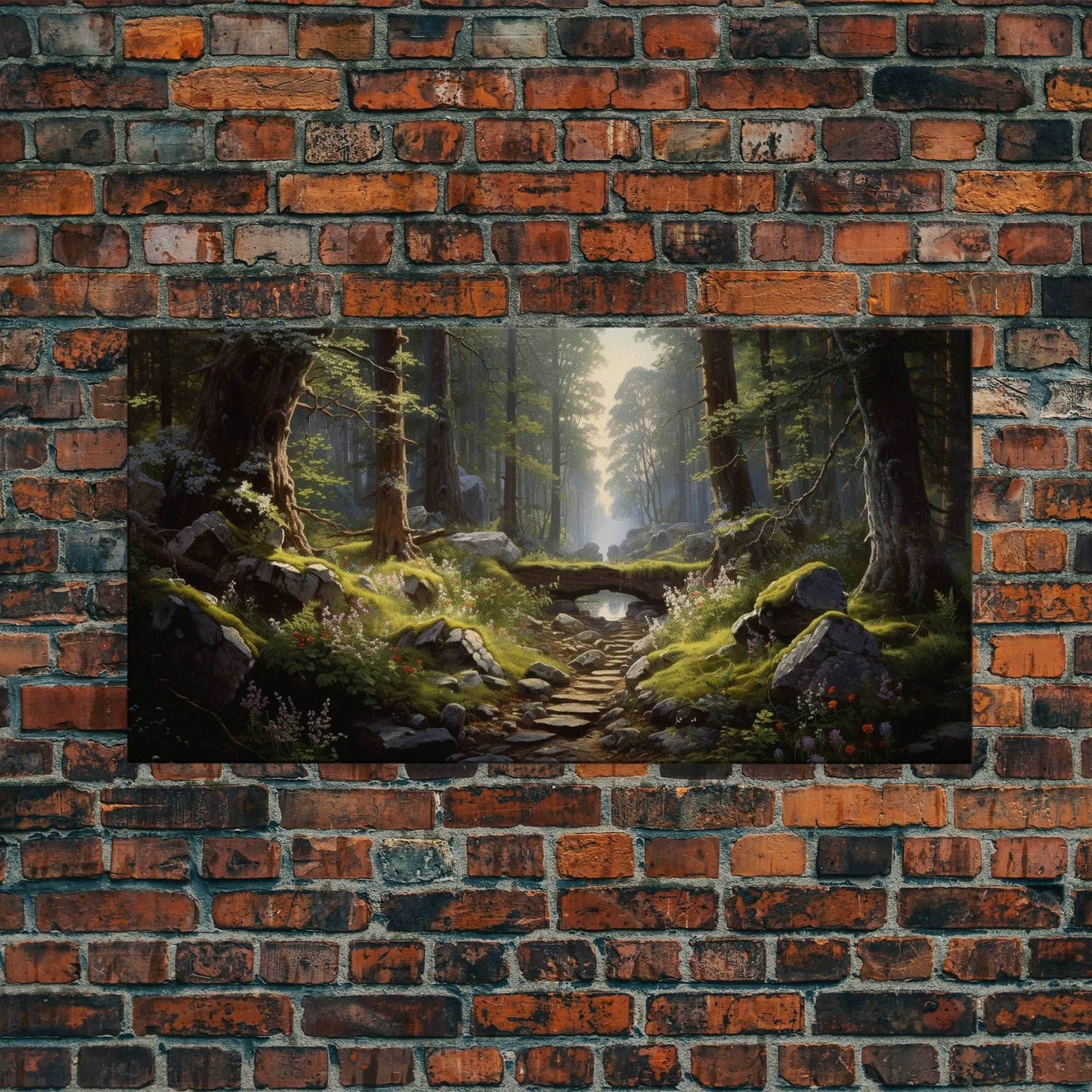 SlightlyScorched Framed Canvas Print Emerald Green Fantasy Forest, Mountain Forest Lake Landscape Minimalist Modern Art Nature Wall Decor - 10x20 Inches / Gallery Wrap Canvas - Ready To Hang