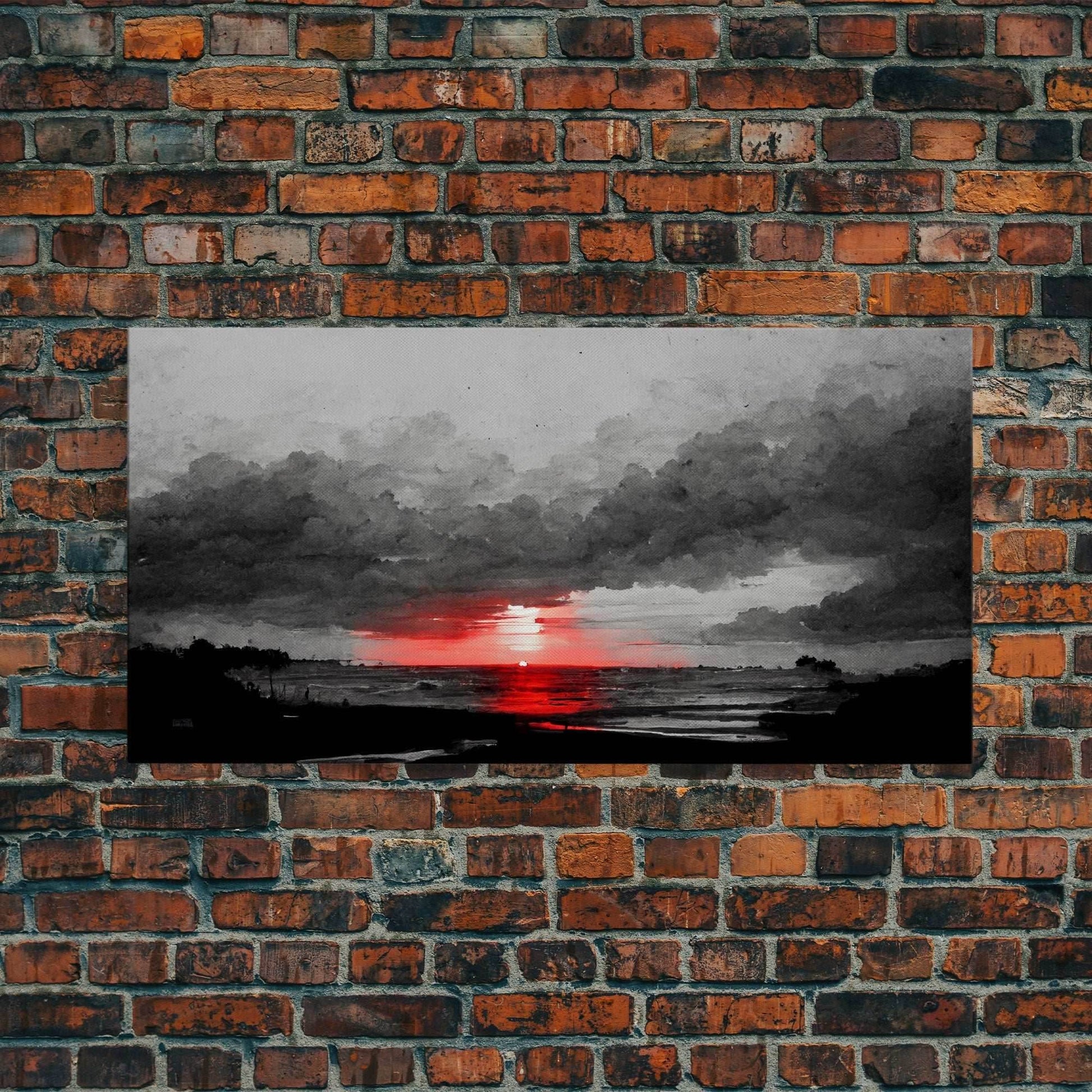 Creepy Blood moon canvas print, dark fantasy art, black and white art, Halloween, spooky art, horror landscape art - 10x20 Inches / Gallery Wrap Canvas - Ready To Hang