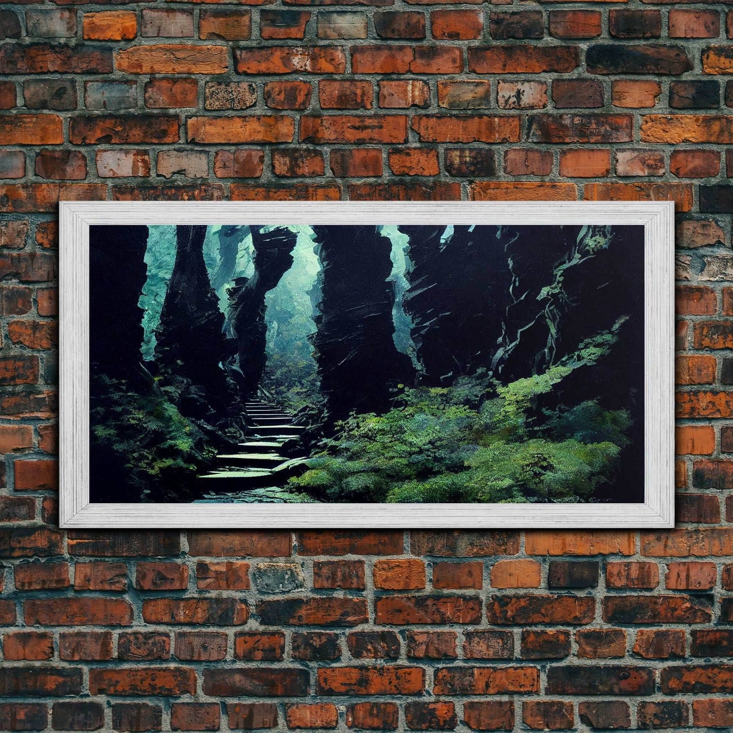 Fantasy Forest with Temple Steps, Wall Decor, Ready To Hang Framed Canvas Print, Oversize Wall Art - 10x20 Inches / Gold Frame