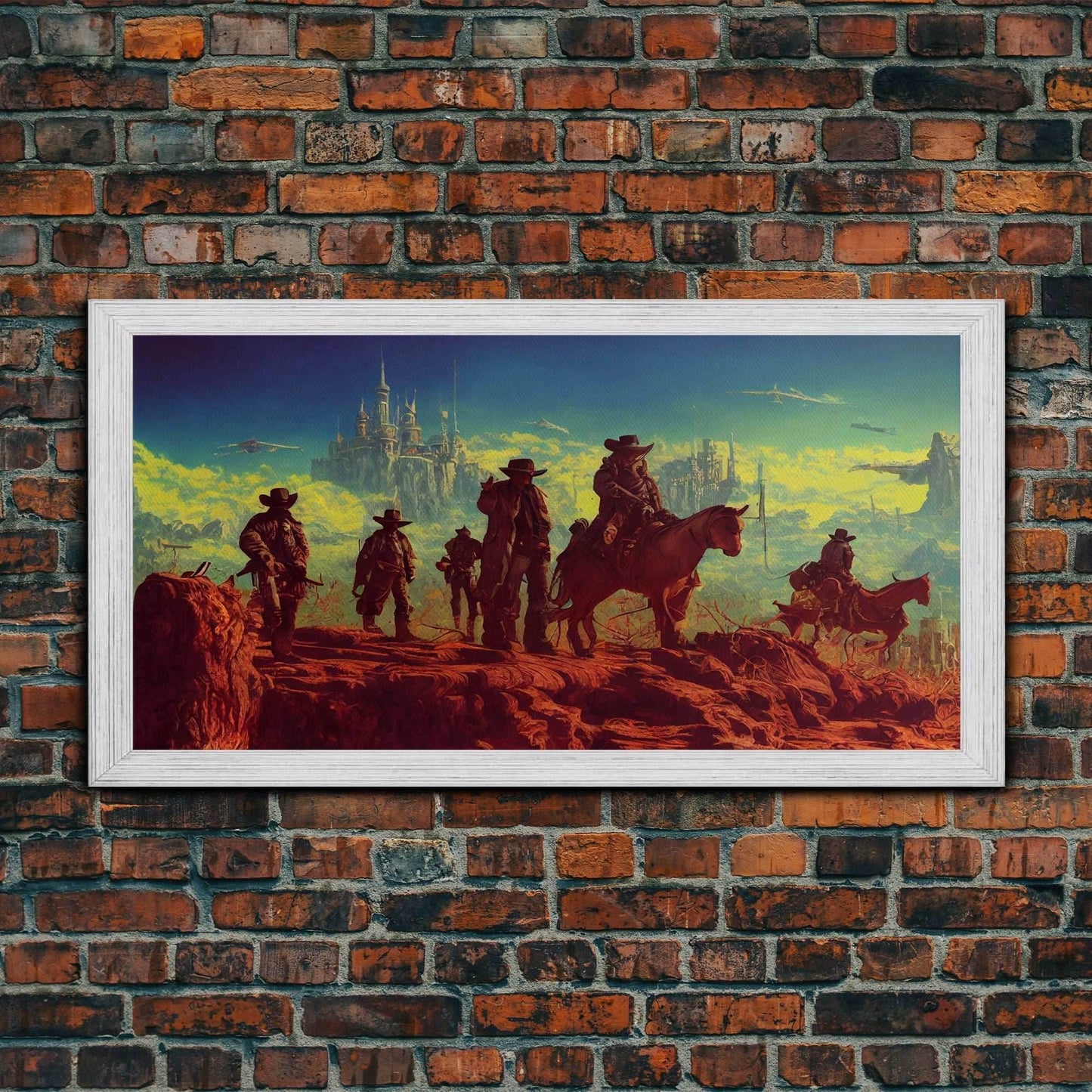 Space Cowboys, Wildwest Scifi Mashup Fantasy Art, framed canvas print, ready to hang framed wall art - 10x20 Inches / Gold Frame