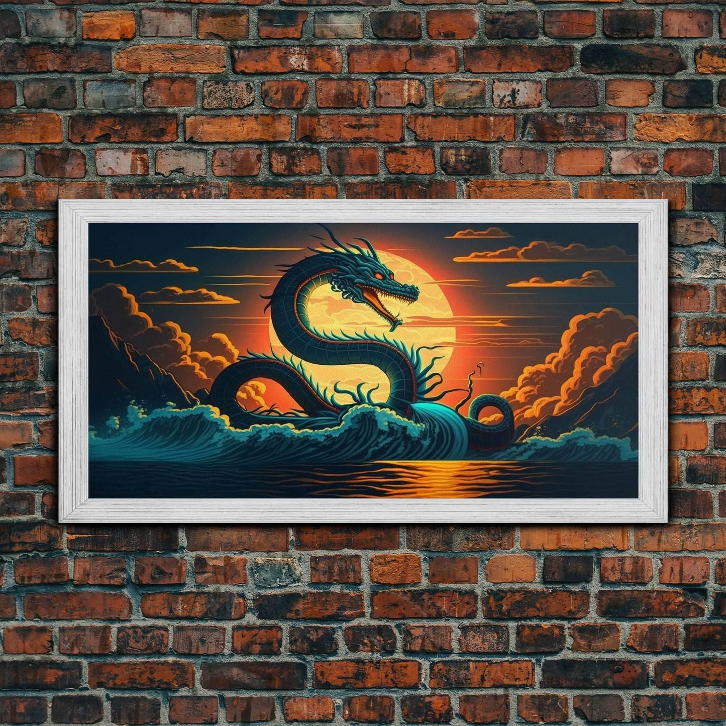 Jormungandr The Sea Serpent, Pop Art, Framed Canvas Print, Fantasy Art, Norse Mythology, Nordic / Viking Wall Art - 10x20 Inches / Gold Frame