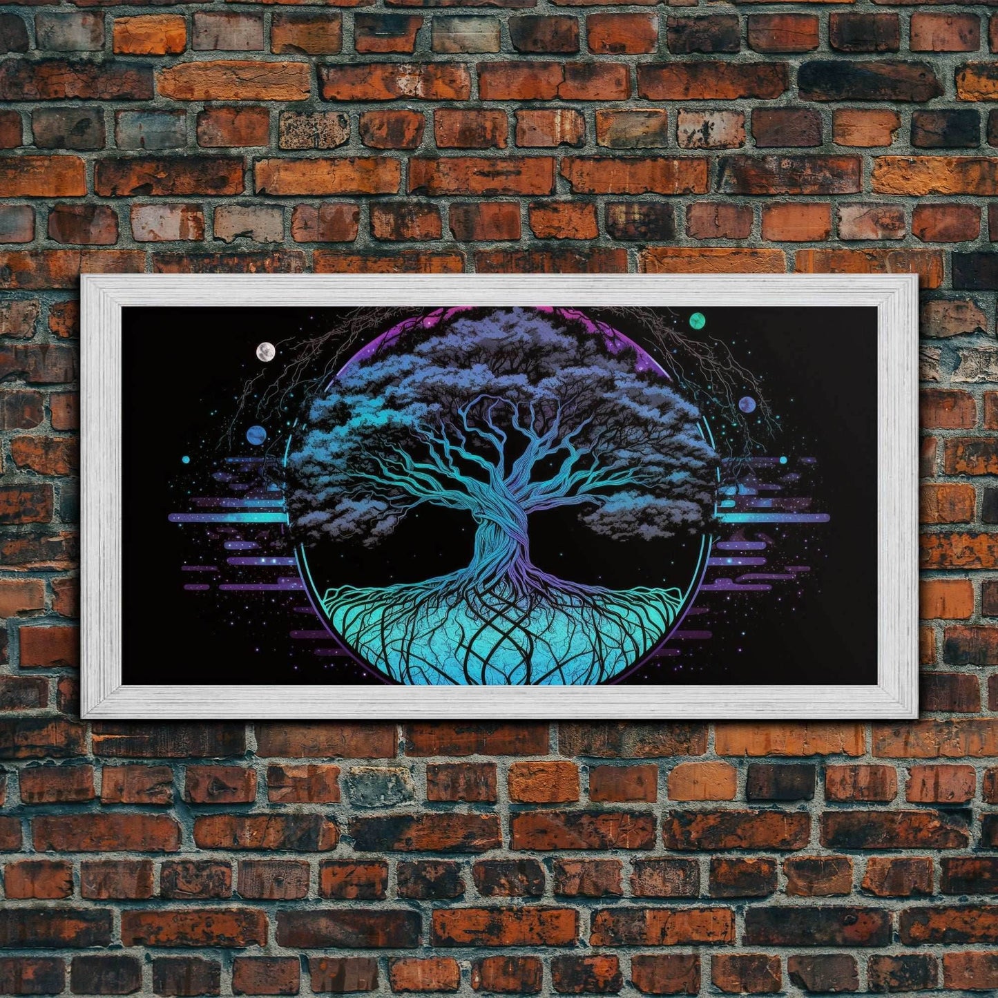 Norse Mythology Art, Synthwave Style Yggdrasil Tree of Life and the 9 Realms, Fantasy Art, Framed Canvas Print, Game Room Nordic Art - 10x20 Inches / Gold Frame