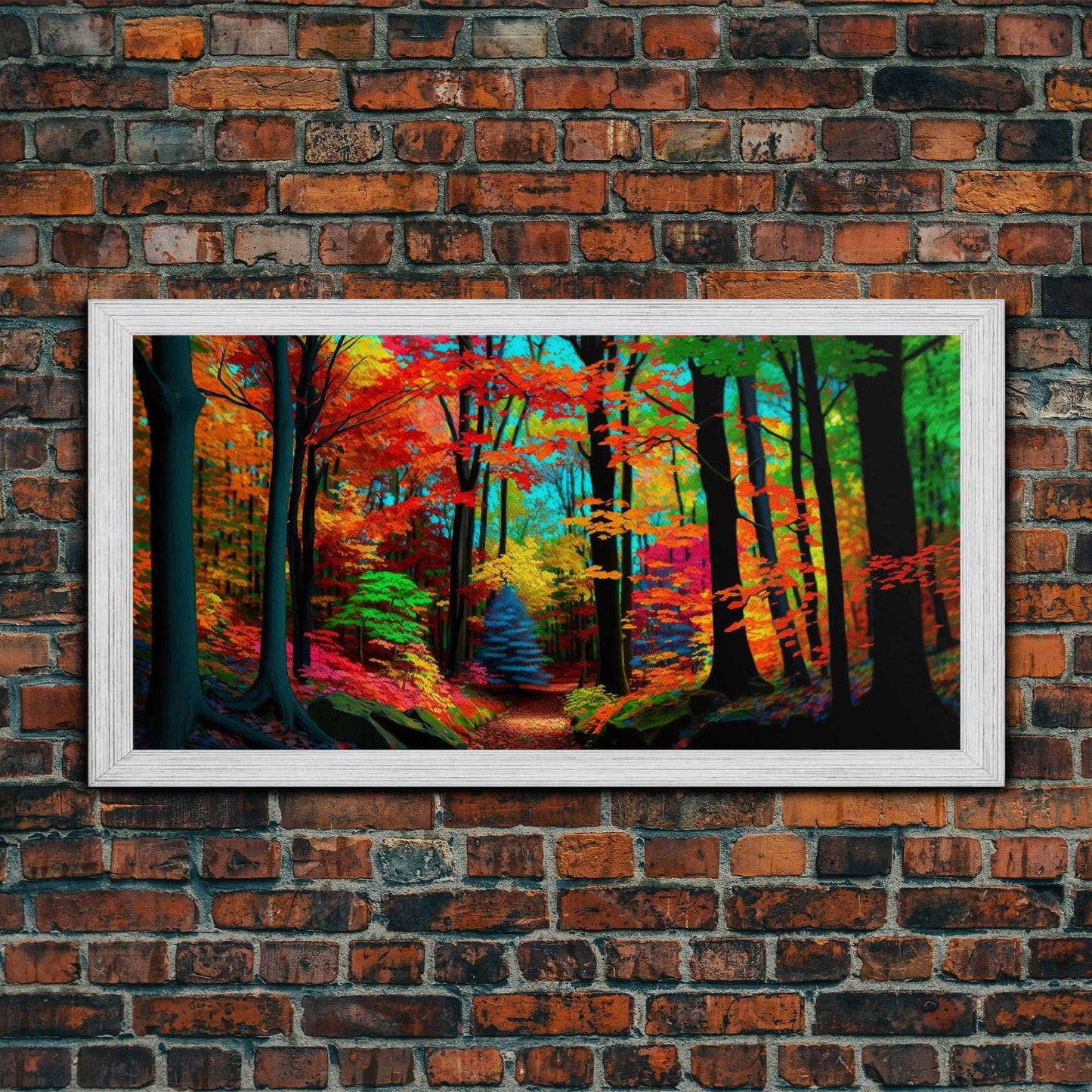 The Sacred Grove, Fantasy Art, Pop Art Forest Landscape, Framed Canvas Print, Colorful Forest Painting, Living Room Art - 10x20 Inches / Gold Frame