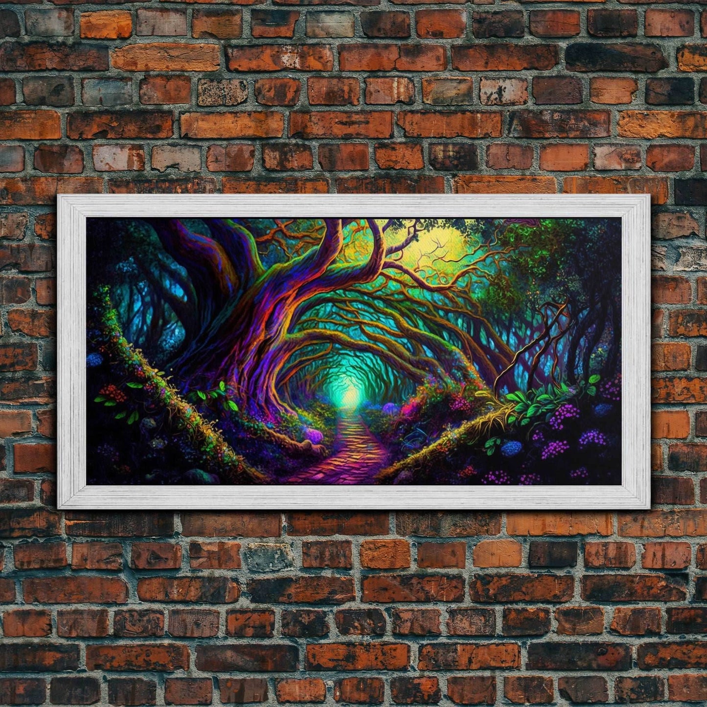 Fantasy wall art, canvas print, magical forest, fantasy landscape art, ready to hang wall art, magical glowing forest fantasy art - 10x20 Inches / Gold Frame