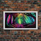 The Secret Grove, Fantasy Art, Pop Art Forest Landscape, Framed Canvas Print, Colorful Forest Painting, Living Room Art - 10x20 Inches / Gold Frame