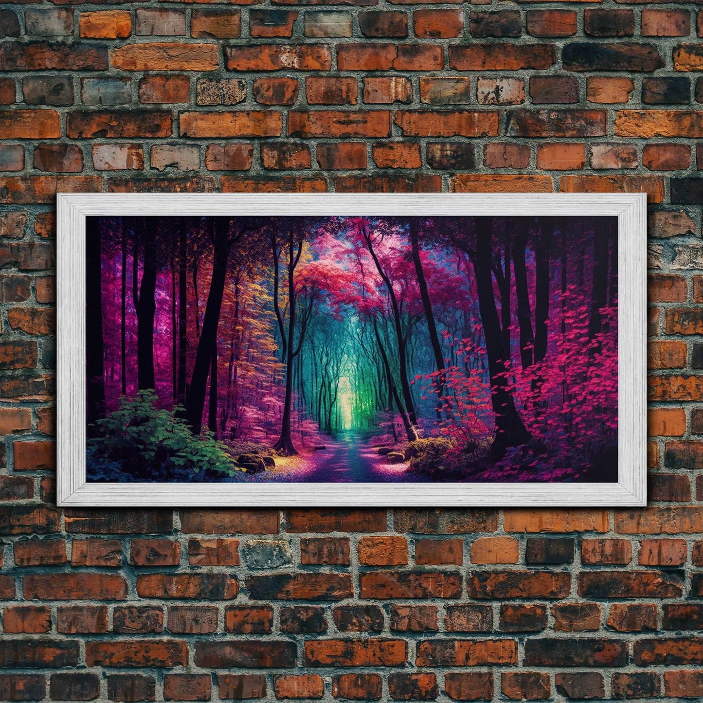 The Secret Grove, Fantasy Art, Pop Art Forest Landscape, Framed Canvas Print, Colorful Forest Painting, Living Room Art - 10x20 Inches / Gold Frame