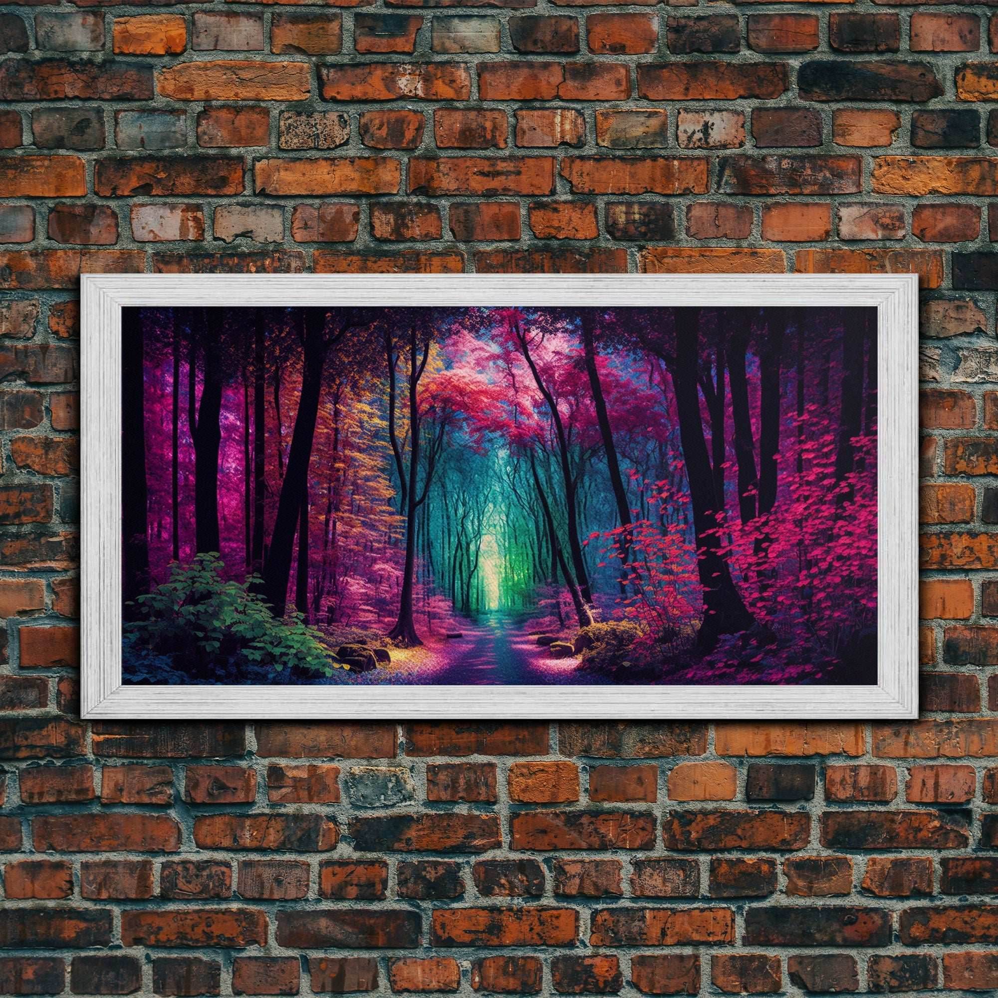 The Secret Grove, Fantasy Art, Pop Art Forest Landscape, Framed Canvas Print, Colorful Forest Painting, Living Room Art - 10x20 Inches / Gold Frame