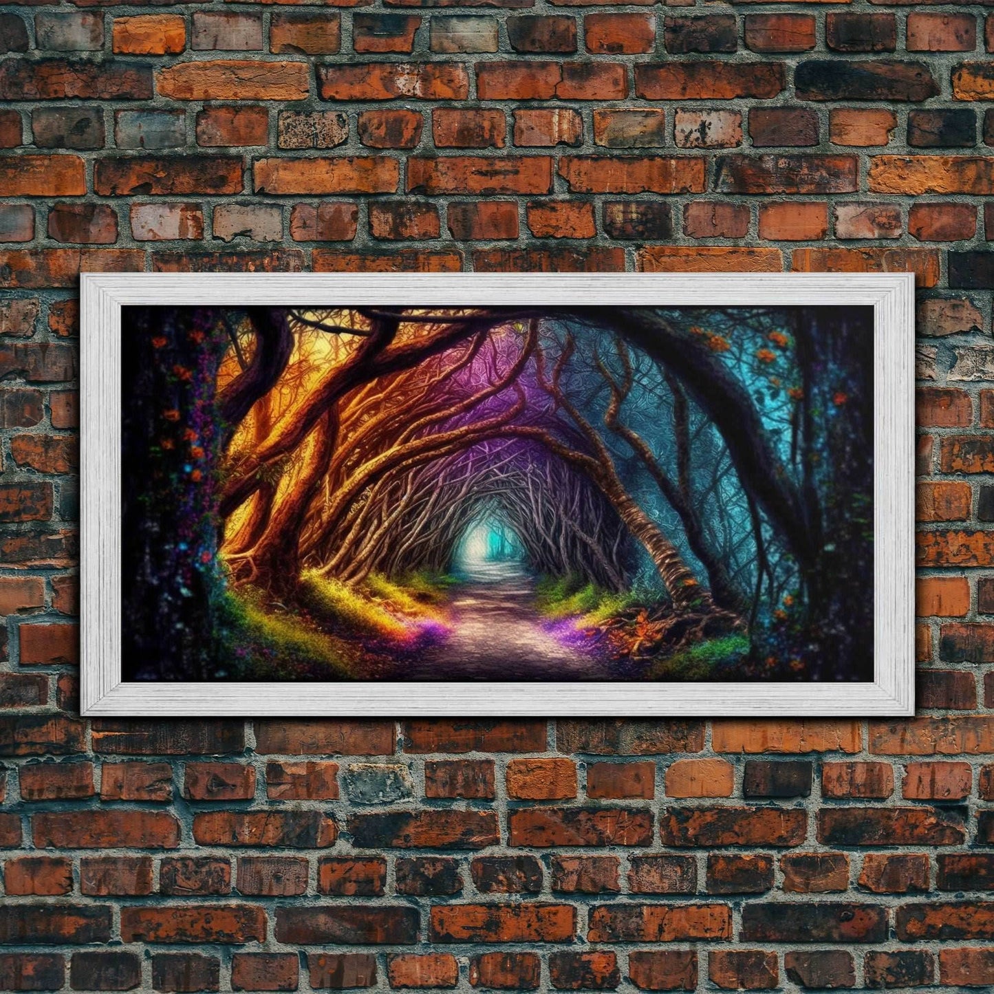 Secret Path, Fantasy Art, Pop Art Forest Landscape, Framed Canvas Print, Colorful Forest Painting, Living Room Art, Glowing Magical Forest - 10x20 Inches / Gold Frame
