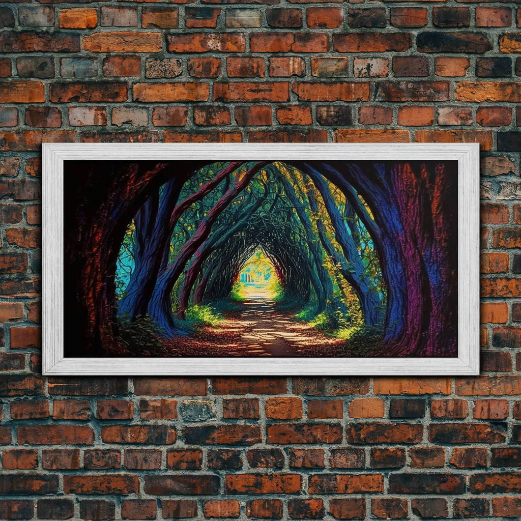 The Path through The Trees, Fantasy Art, Framed Canvas Print, RPG concept Art, Magical glowing forest - 10x20 Inches / Gold Frame