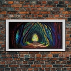 The Path through The Trees, Fantasy Art, Framed Canvas Print, RPG concept Art, Magical glowing forest - 10x20 Inches / Gold Frame