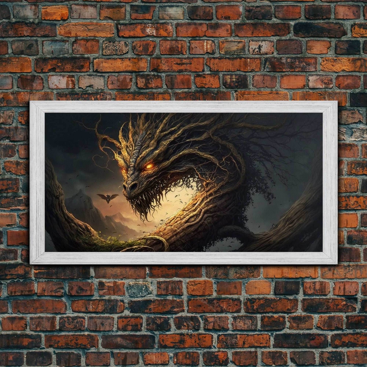 Forest Dragon Nidhogg, Norse Mythology, Framed Canvas Print, Fantasy Dragon Art, Fantasy Decor - 10x20 Inches / Gold Frame