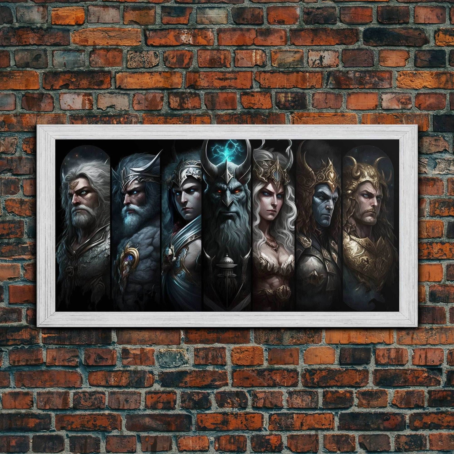 The Æsir, Aesir, Old Norse Gods, Framed Canvas Print, Norse Mythology, Scandinavian Mythology Fantasy Art - 10x20 Inches / Gold Frame