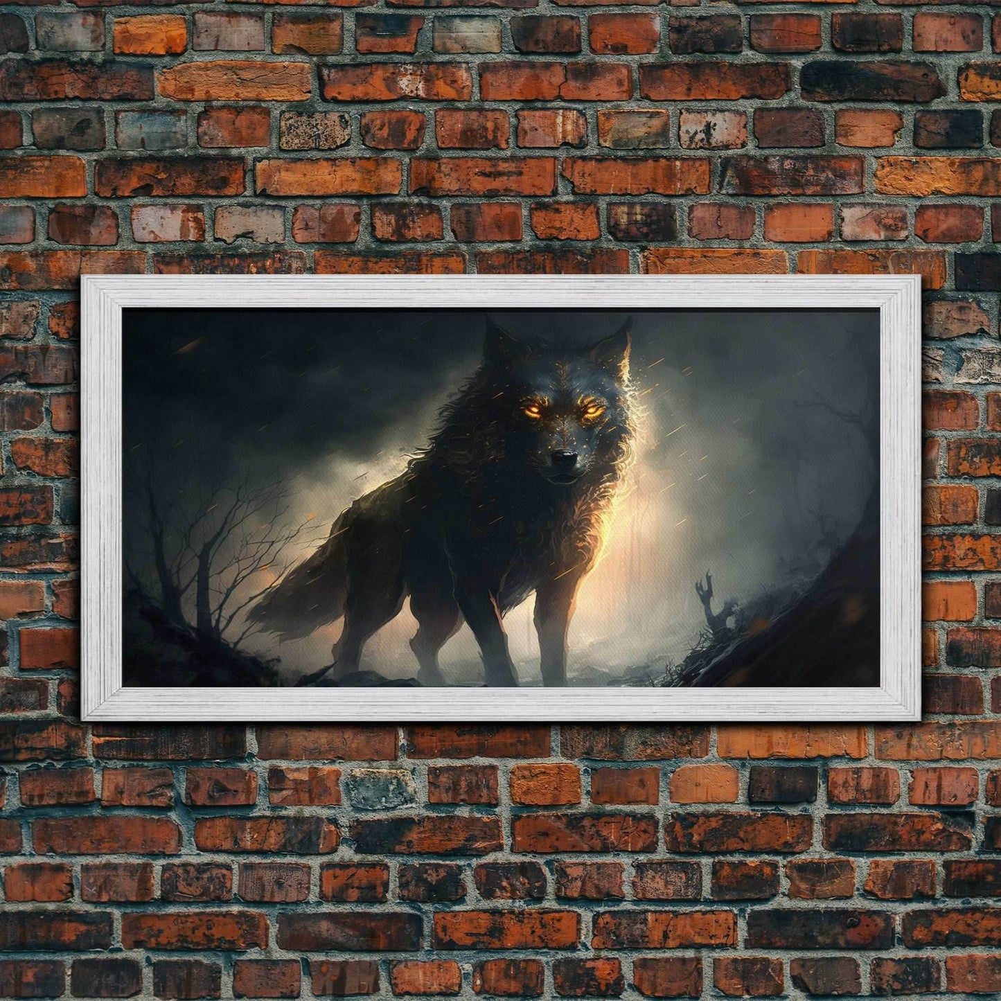 The Great Wolf Fenrir, Framed Canvas Print, Norse Mythology, Fantasy Art - 10x20 Inches / Gold Frame