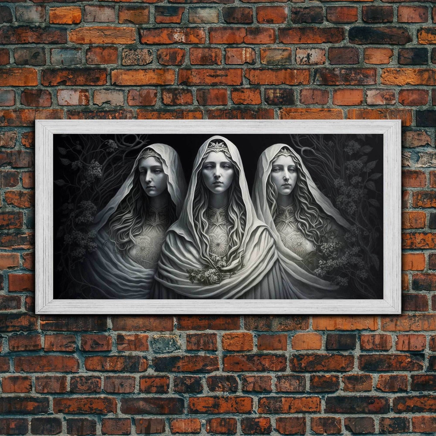 The Norns, Norse Mythology, Weavers of Fate, Framed Canvas Print, Urðr, Verðandi, and Skuld, Black and White Norse Fantasy Art - 10x20 Inches / Gold Frame