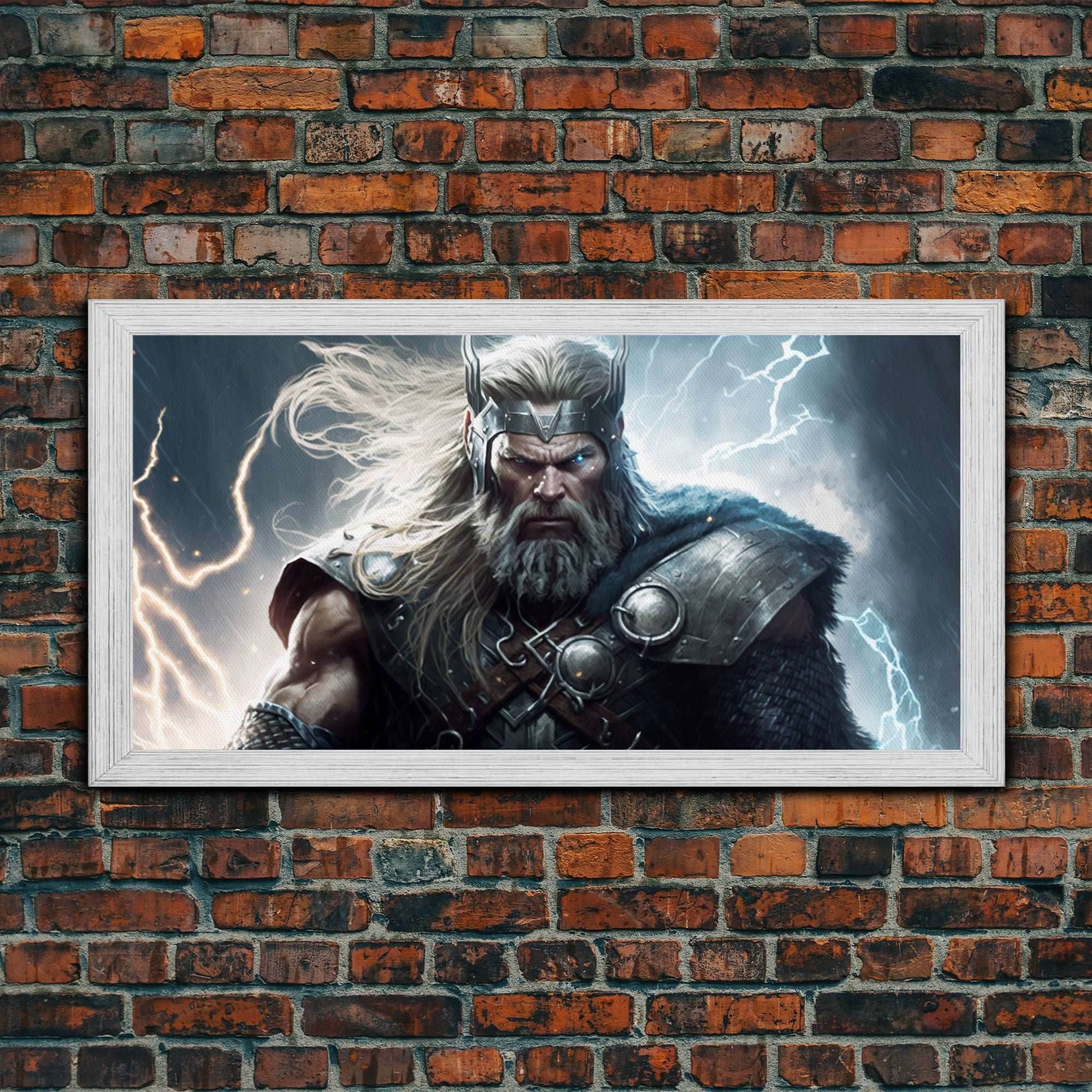 Thor Art, God of Thunder, Framed Canvas Print, Norse Mythology Art, Fantasy Art - 10x20 Inches / Gold Frame