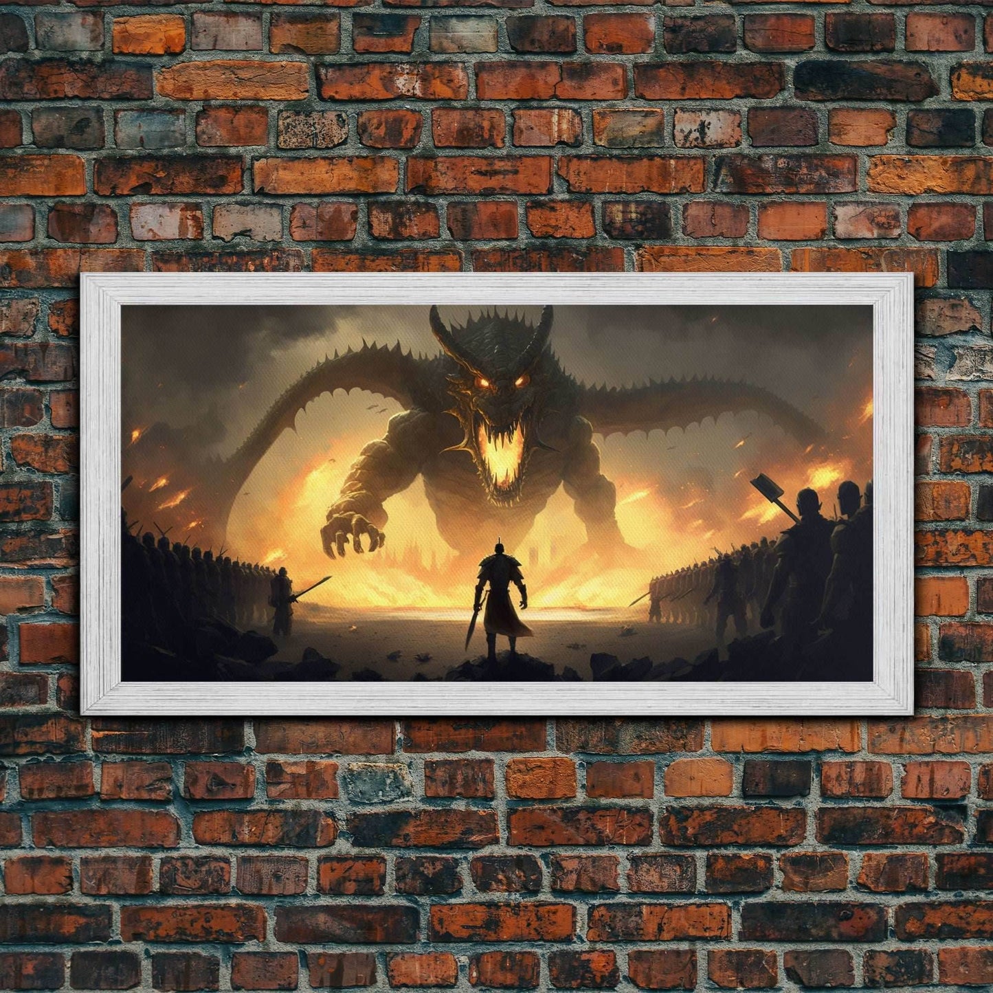 Warrior Facing Down a Dragon, Framed Canvas Print, Unique Fantasy Wall Art, In The Time of Dragons - 10x20 Inches / Gold Frame